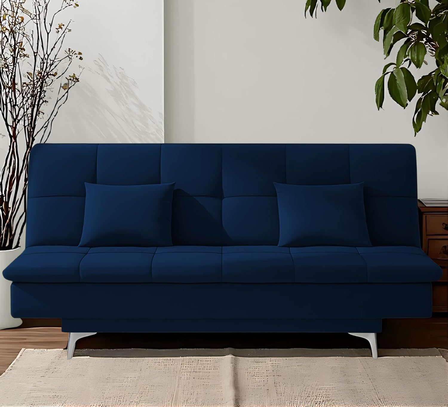 Adorn India Premium New Aspen 3 Seater Sofa Cum Bed 4X6 Velvet Suede with 2 Cushions (Color Blue) and Suitable for All Indoor, with 3 Years Warranty Adorn India Premium New Aspen 3 Seater Sofa Cum Bed 4X6 Velvet Suede with 2 Cushions (Color Blue) and Suitable for All Indoor, with 3 Years Warranty
