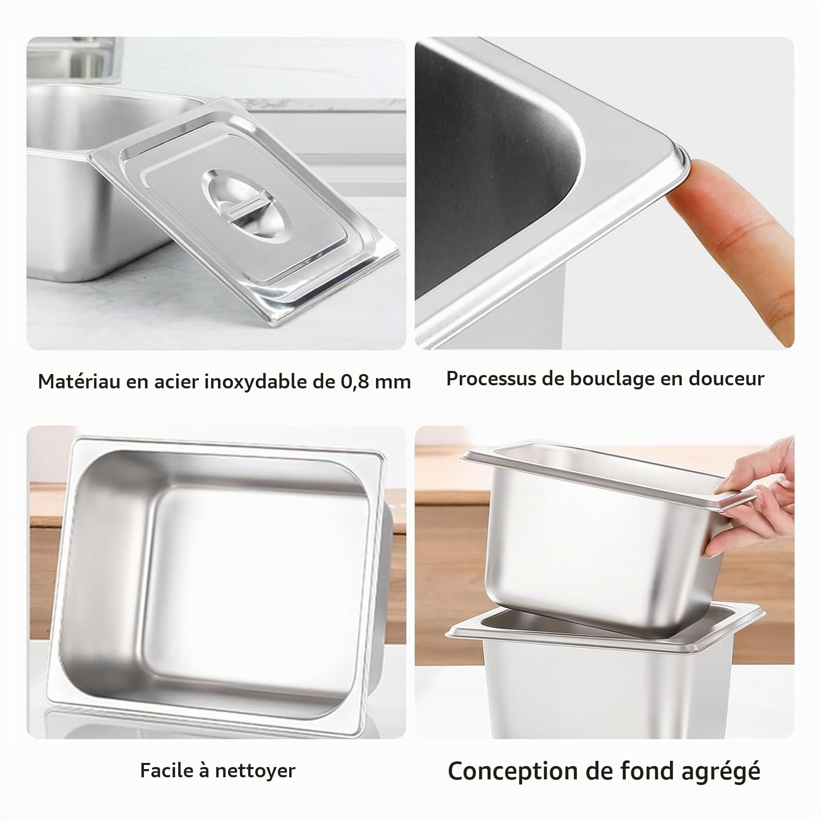 Lot de 3 plats à panure en acier inoxydable avec couvercle, 17,5 x 16,6 x 10 cm, récipient en acier inoxydable avec couvercle, pour restauration, cuisine, buffet, idéal pour servir du poisson/poulet