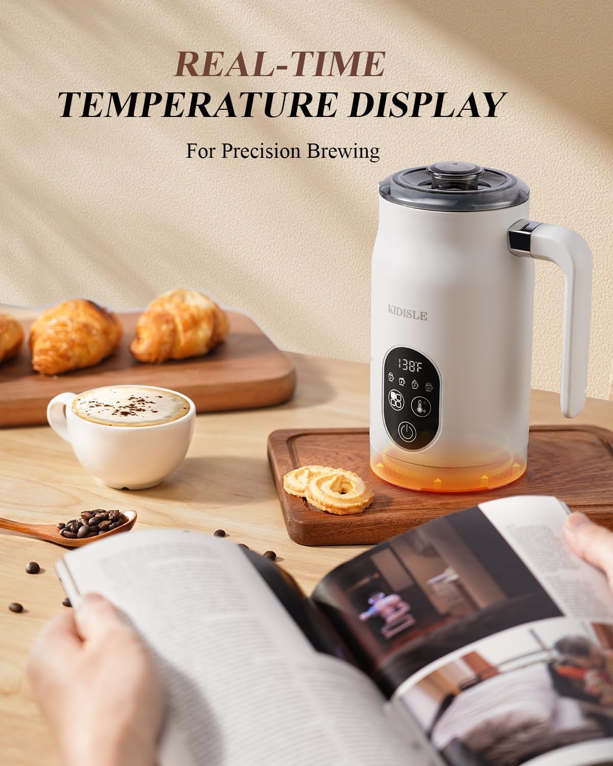 KIDISLE Milk Frother and Steamer 4 in 1, Milk Steamer with Auto Temperature Control, Warm & Cold Foam Maker, Hot Chocolate Maker, Frother for Coffee, Latte, Cappuccino, White