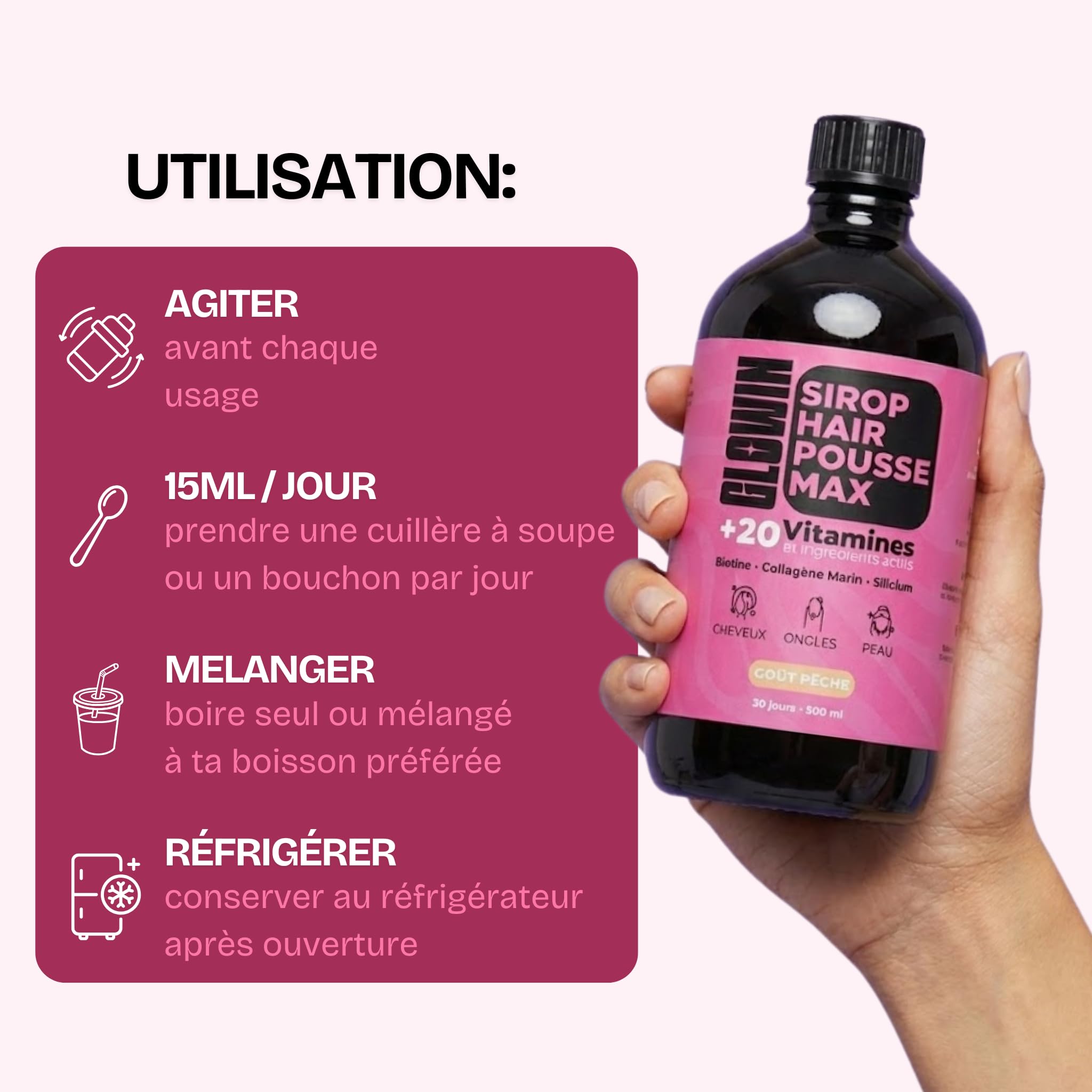 Glowin Sirop Hair Pousse Max - Complément alimentaire cheveux femme liquide - Biotine, Zinc, Sélénium, Collagène marin, Ortie, Courge, Saw Palmetto - Cheveux fins et cassants (Fruits Rouges)