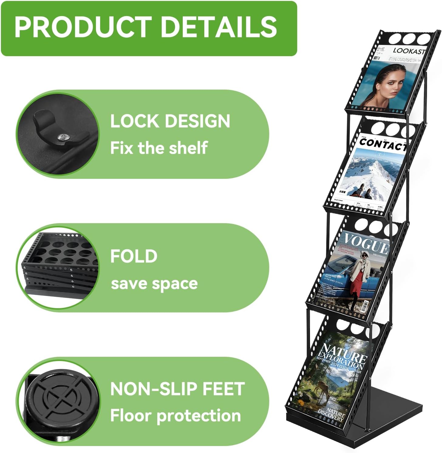 YDisplay Foldable Magazine Display Rack 4-Tier Brochure Literature Display Stand with Reinforced Base for Trade Show Literature Stand Ideal for Office Store Exhibition and Events