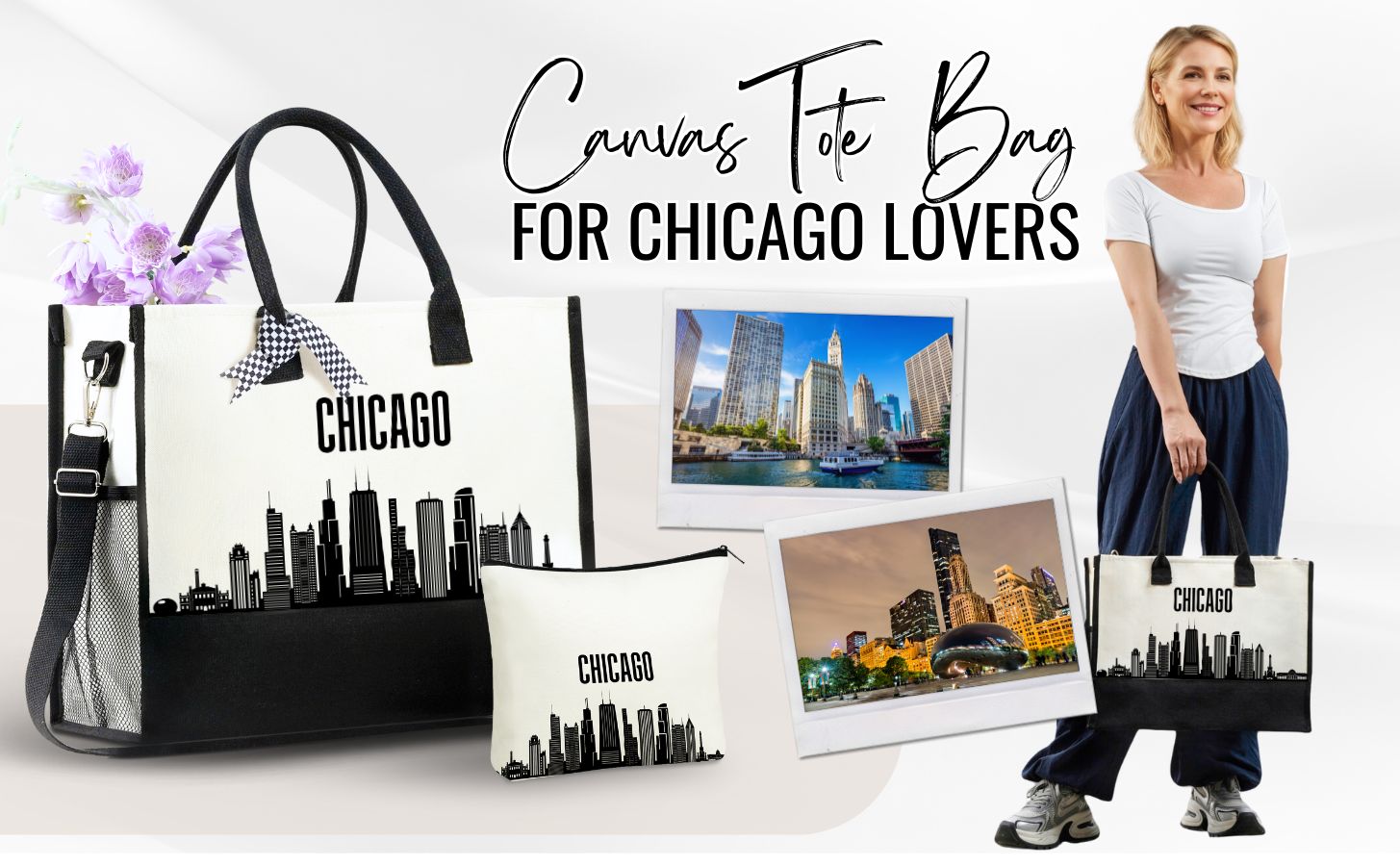 Bolsa Tote de Lona con Diseño de Chicago para Mujer miniatura 7