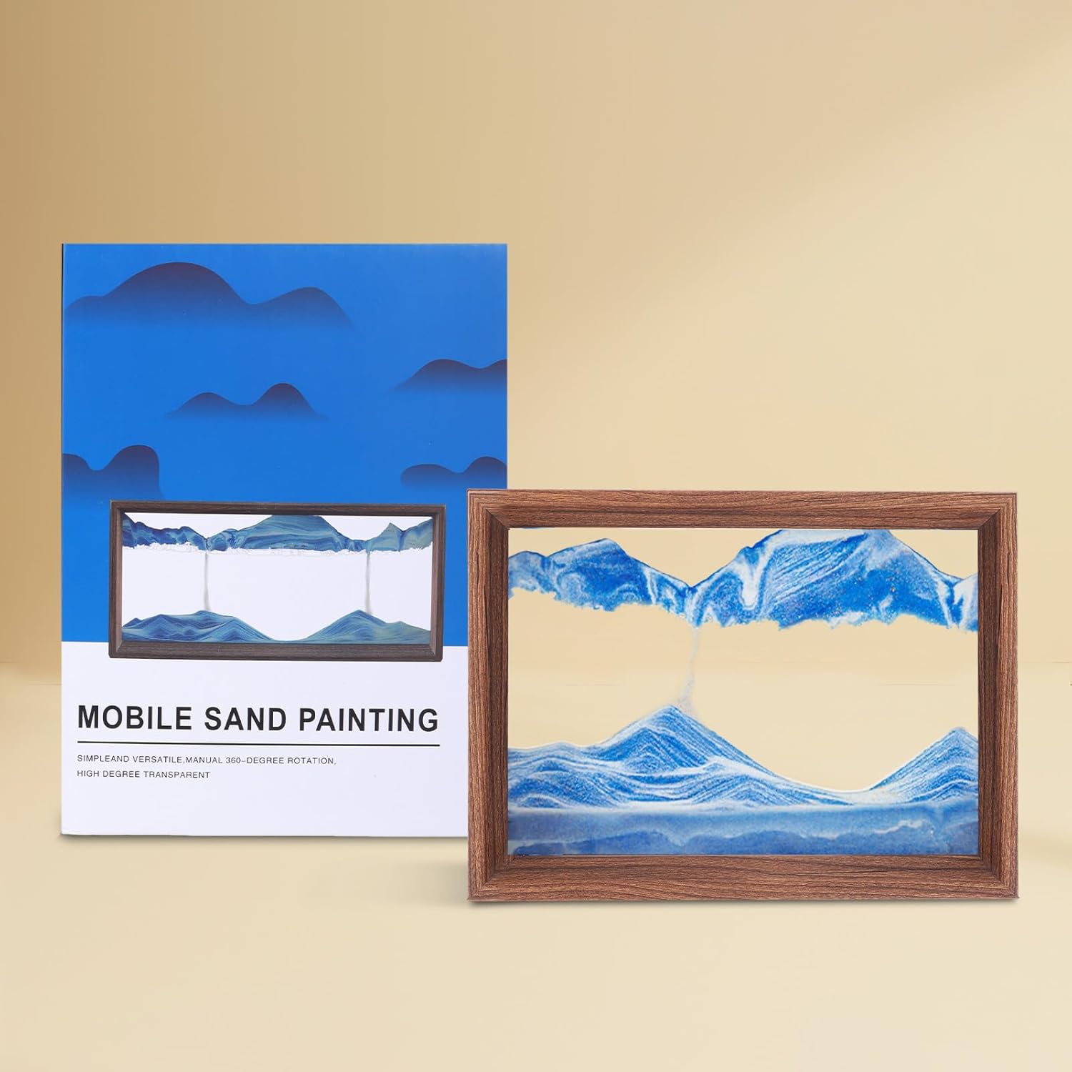 AzureLeap Moving Sand Art Liquid Motion 3D Deep Sea Sand Scene Colorful Flowing Sand Solid Wood Frame Square Glass Moving Sand Art Picture Casual Desktop Home Office Workplace Decor [Blue 8in]