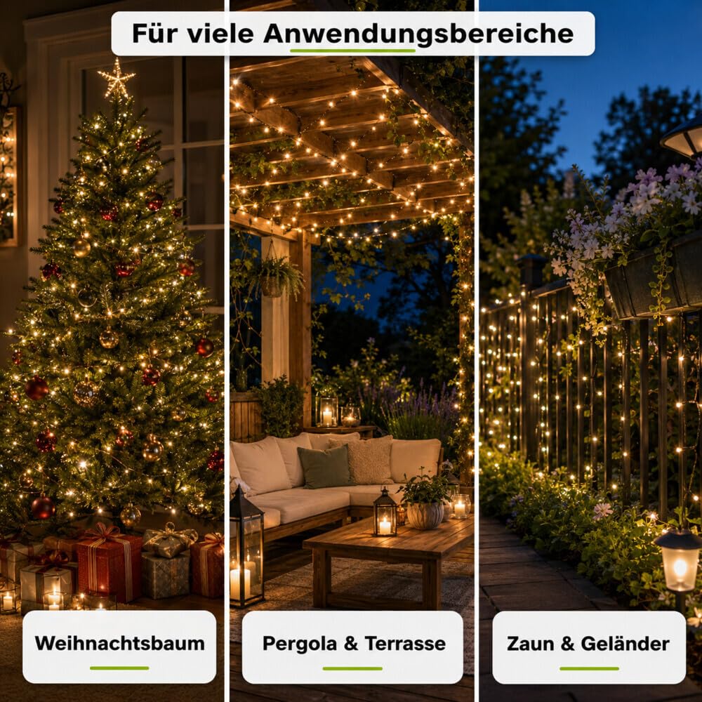 LED Universum Lichterkette Außen 80 m, 1000 LEDs warmweiß 2800 K, IP44 spritzwassergeschützt, mit Stecker 230 V, 3 m Zuleitung, für Garten, Balkon & innen