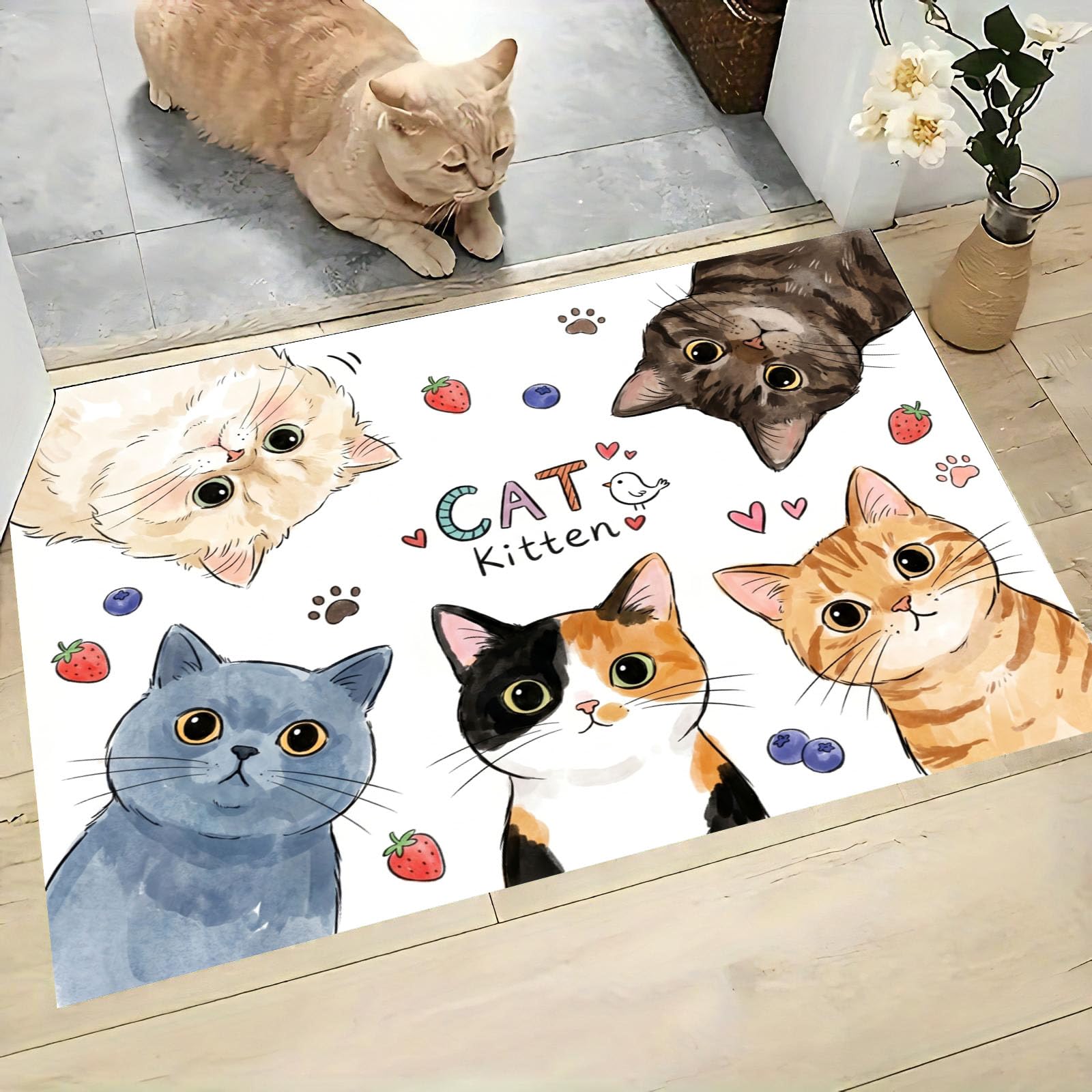 Felpudo de Entrada 90x150cm, Alfombra Animales Acuarela Atrapapolvo Alfombra Gato Dibujos Animados Antideslizante Lavable, Alfombrilla con Microfibras Suaves Absorbentes para Puerta, Pasillo, Blanco