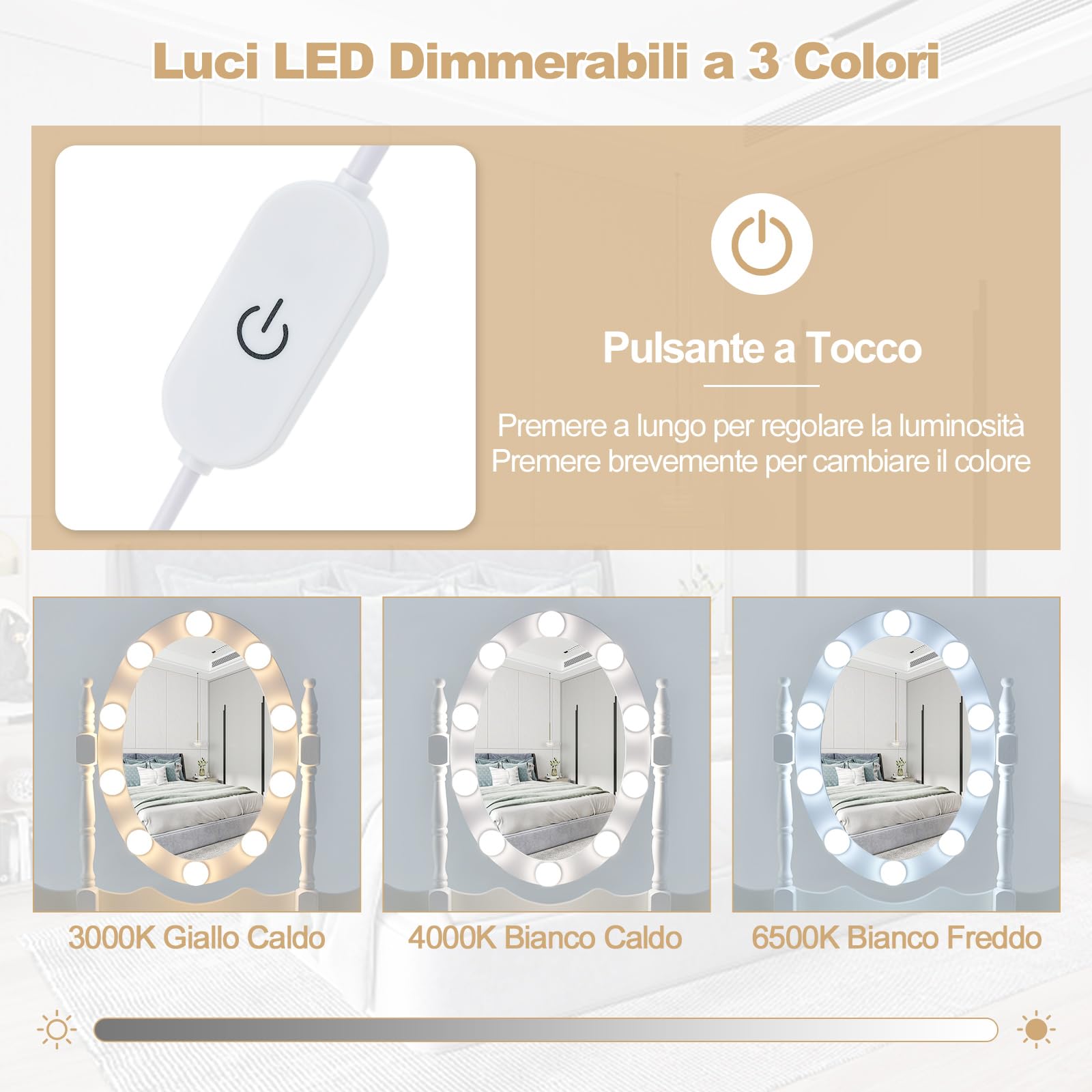 COSTWAY Toeletta da Trucco con 10 Luci LED, Set Tavolo da Trucco con 4 Cassetti e Sgabello, Specchio Girevole 360°, Consolle Toeletta per Soggiorno Camera da Letto, 75 x 40 x 145 cm (Bianco)