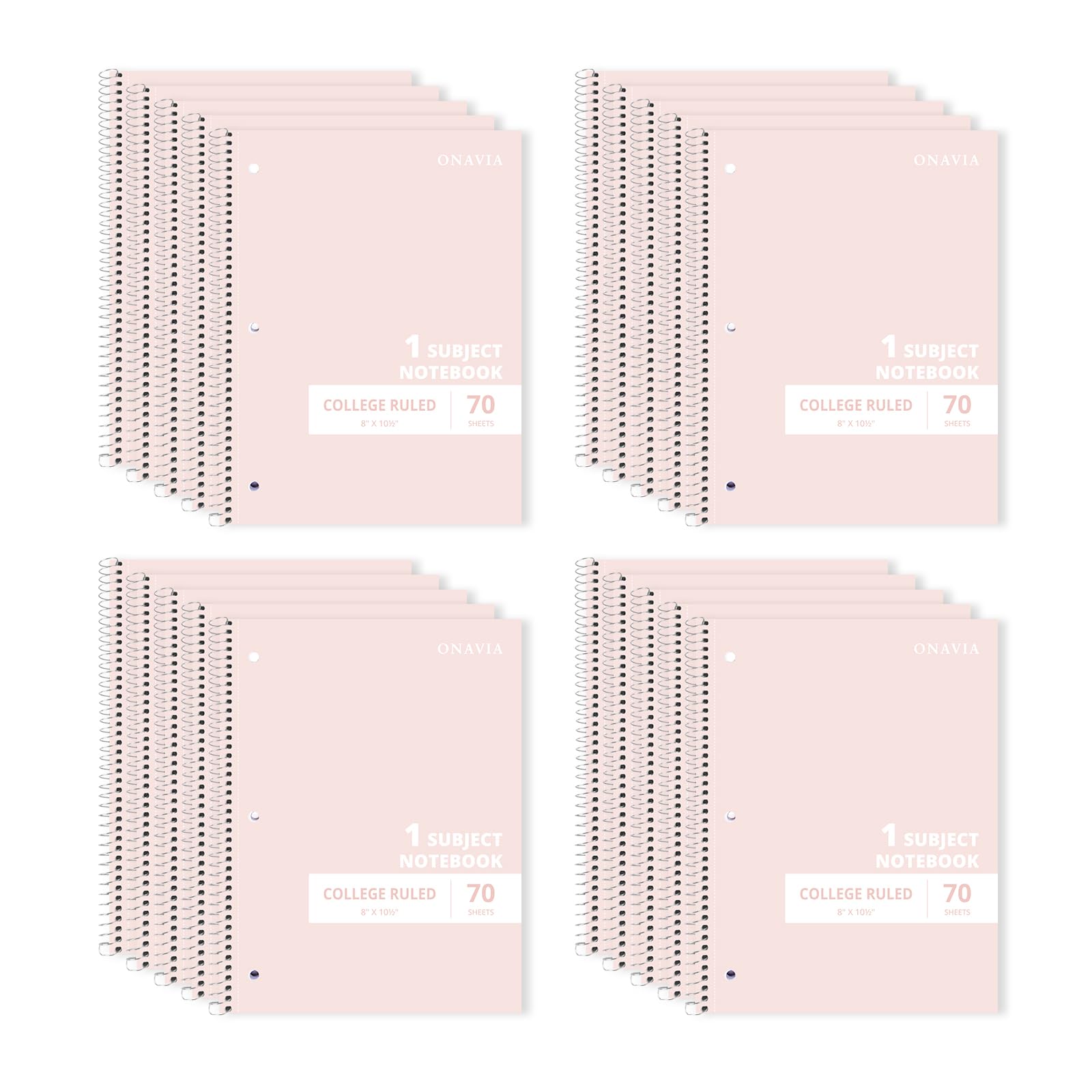 ONAVIA Confezione da 20 quaderni a spirale a tema singolo, a righe universitarie, 20,3 x 26,7 cm, 70 fogli ciascuno, combatte lo spurgo dell'inchiostro, quaderni sfusi per uso in classe, rosa