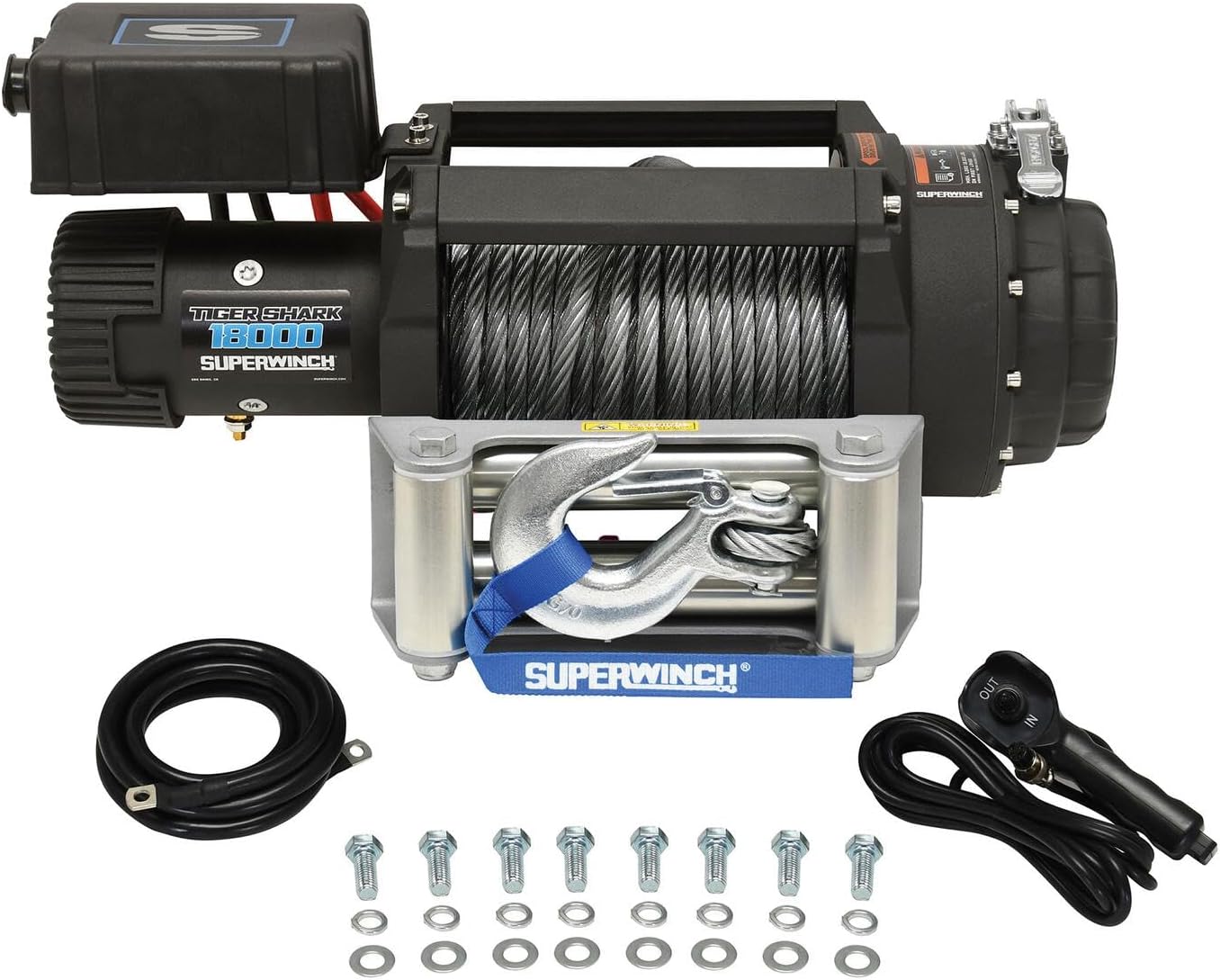 Superwinch 1518000 Tiger Shark 18000 12V DC Winch 18,000lb/8165kg Single Line Pull with Roller Fairlead, 29/64" x 80' Steel Wire Rope, Corded Handheld Remote