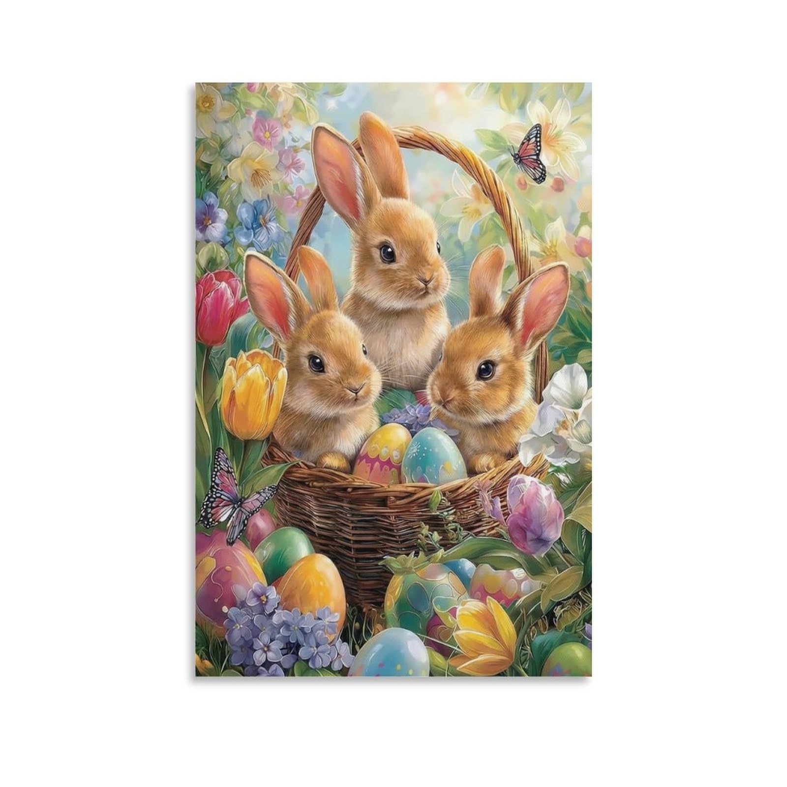 DHBANEIOK Easter Bunny Basket Wall Decor Poster Canvas Prints Picture Modern Wall Art Picture Wall Hanging for Home Decorations 20x30inch(50x75cm)