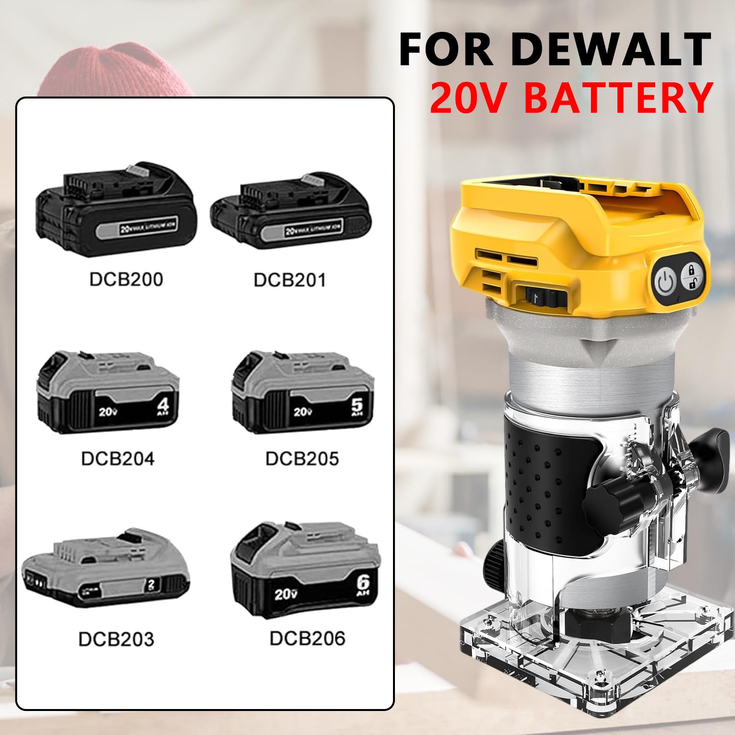 Fresadora superior Compatible con la batería Dewalt 20V, fresa sin escobillas de 1300W, recortadora, fresa de una mano de 6 velocidades, rueda guía, guía recta, 15 fresas y 2 llaves (sin batería)