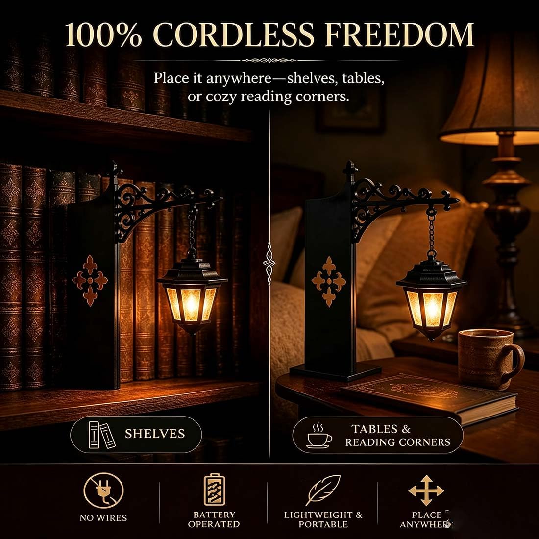 Generico Lanterna per biblioteca, luce notturna in stile retrò, illuminazione decorativa per scaffali, luci sospese fantasy, ornamento per studio, per angolo lettura e casa.(2 pz)