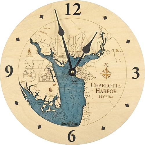 Miniatura 1 de Sea & Soul Charlotte Harbor - Reloj de pared de 12 pulgadas, hecho a mano en los Estados Unidos, reloj topográfico de mapa de agua, reloj de pared