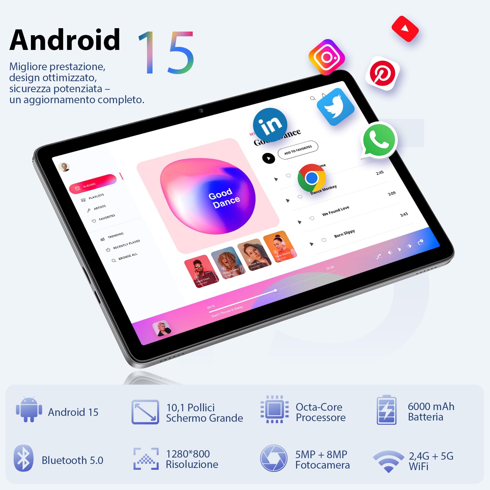 Tablet 10 Pollici, Tablet Android 15 con Cover, Mouse & Tastiera, Octa-Core, 24 GB RAM + 128 GB ROM+ 1 TB TF, Display IPS HD 1280x800, Fotocamera Doppia, 6000 mAh, WiFi 6, Widevine L1, GPS (Grigio)
