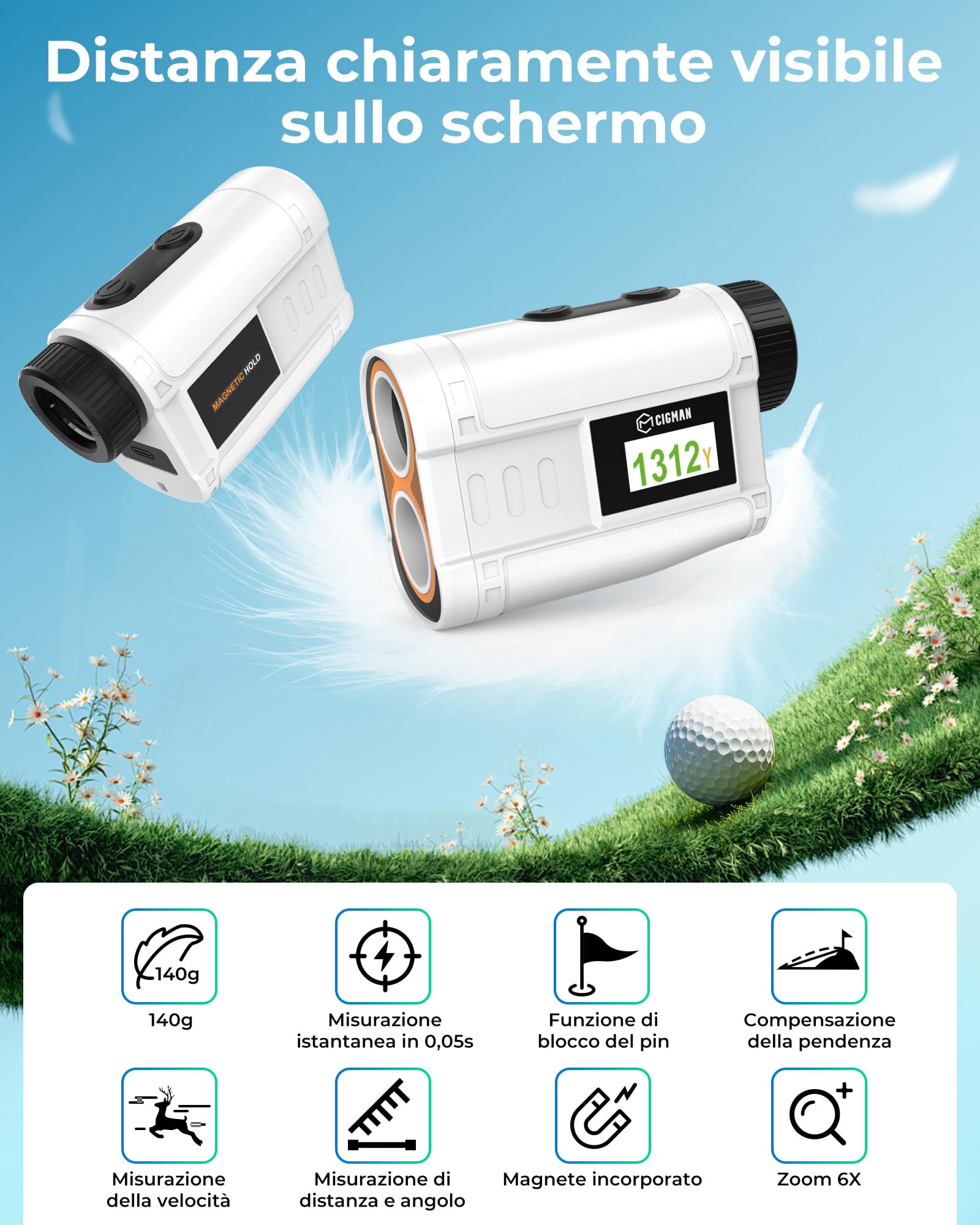 CIGMAN Telemetro Golf/Caccia Da 1200M con Display LCD Telemetri da Golf, con Pendenza,Ricaricabile via USB,Bloccaggio Degli Alberi Bandiera, Funzione magnetica inclusa, Accessori da golf
