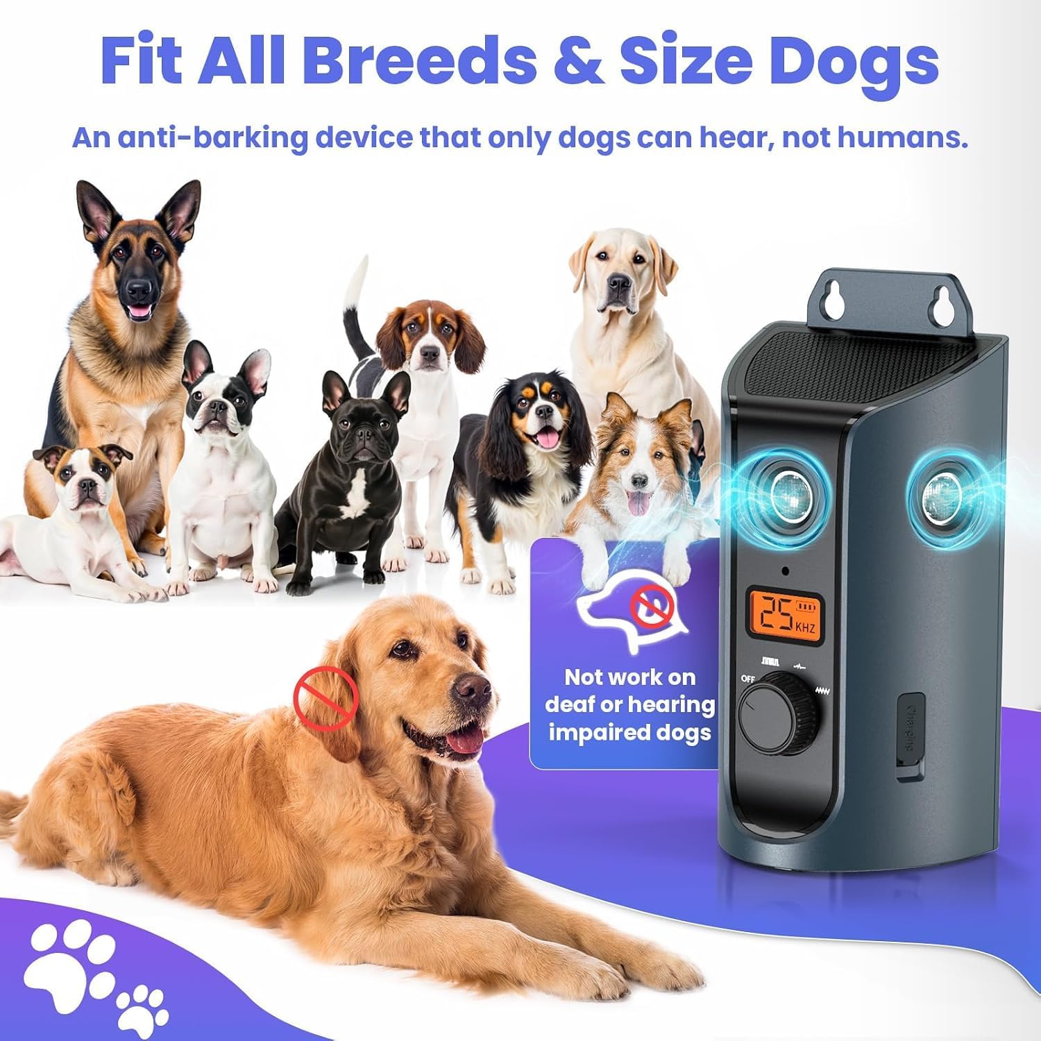 Anti Barking Device, 50FT Solar Charging Dog Barking Deterrent Device, Tri-Directional Ultrasonic Stop Dog Barking Device, Barking Control Device for Indoor Outdoor
