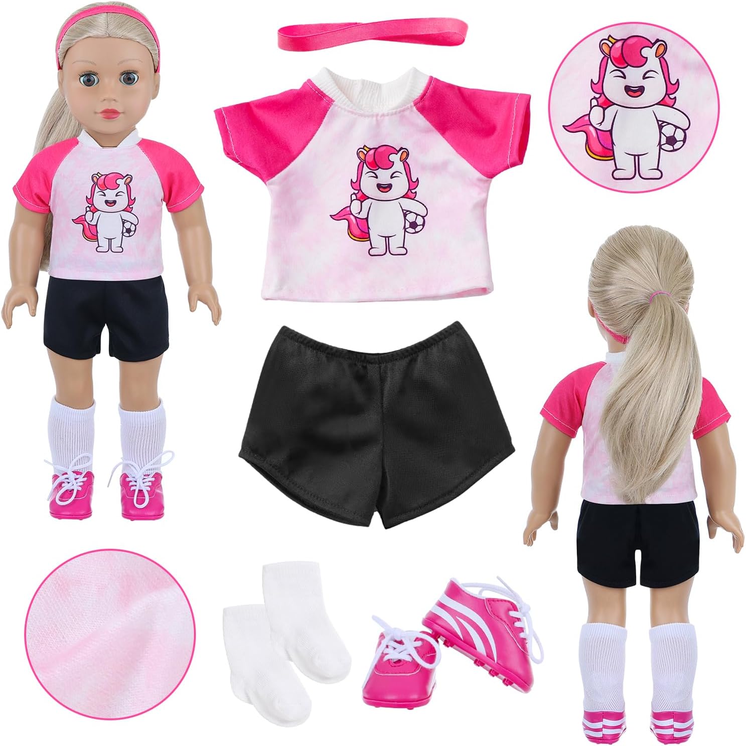 18 Inch Doll Accessories Football Sport Set - 7PCS Includes Headband, Tops, Shorts, Shoes, Mini Soccer Ball, Socks & Water Bottle for American Doll Pretend Play, Gifts