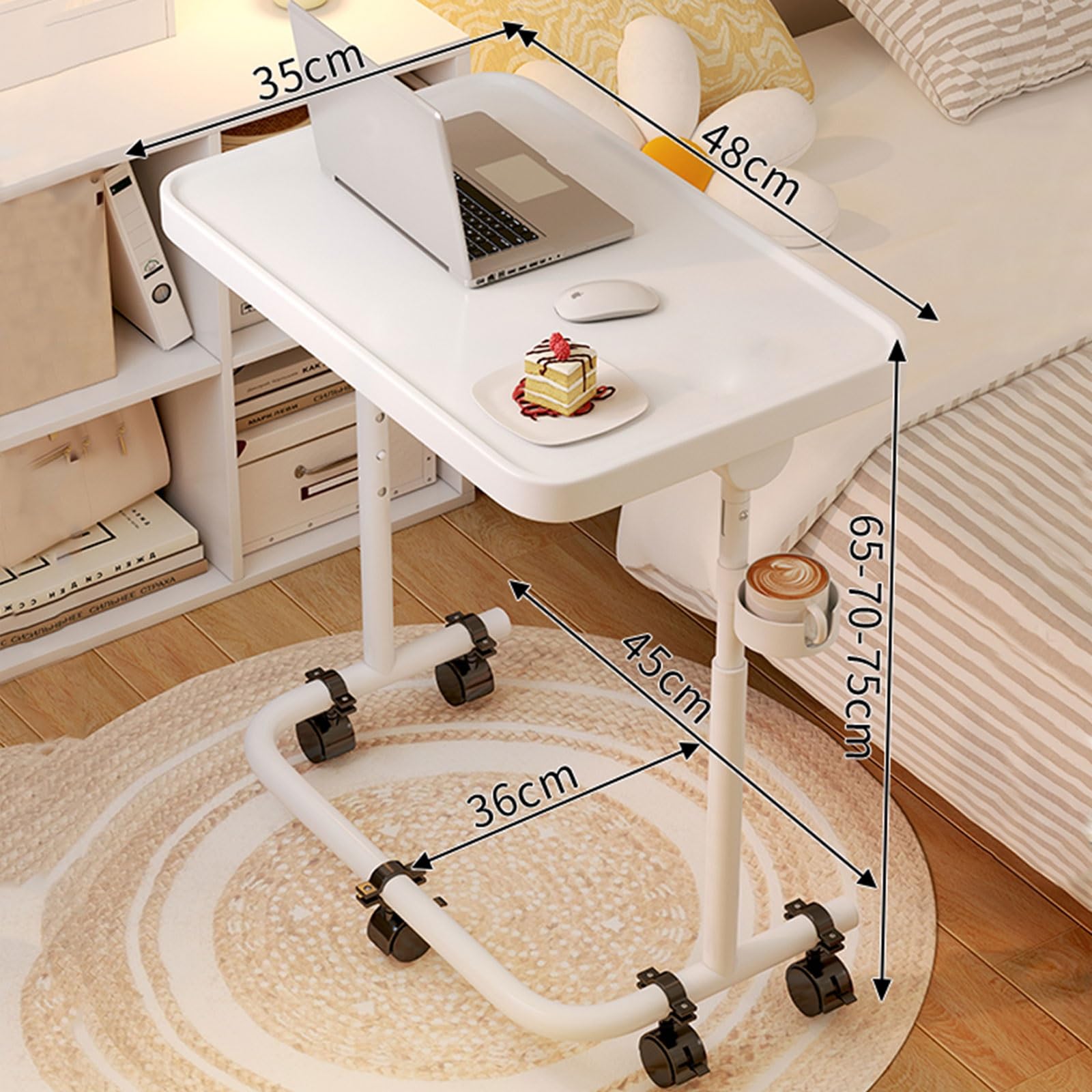 Mesa Portatil Ordenador con Ruedas Mesa Inclinable Material del Marco De Metal Mesa Auxiliar Forma C Mesa Alta Lateral Ayuda Mayores Cama Y Silla De Ruedas(White)