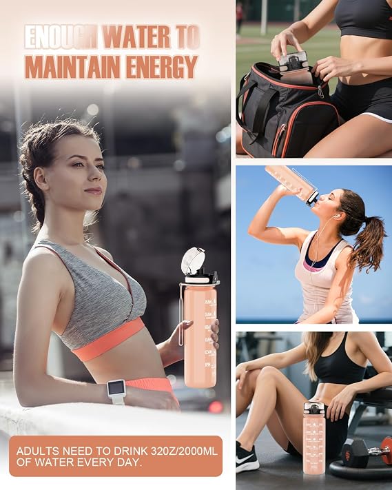 1-liter water bottle, made of BPA-free Tritan material, capacity 1 liter, with time markings, suitable for gym, outdoor activities, and campus use (Pink).