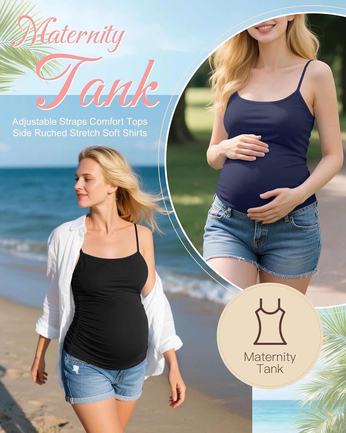 Ficerd 3 Pack Women's Maternity Tank Top Camisole with Adjustable Straps Comfort Tops Side Ruched Stretch Soft Shirts - Image 3