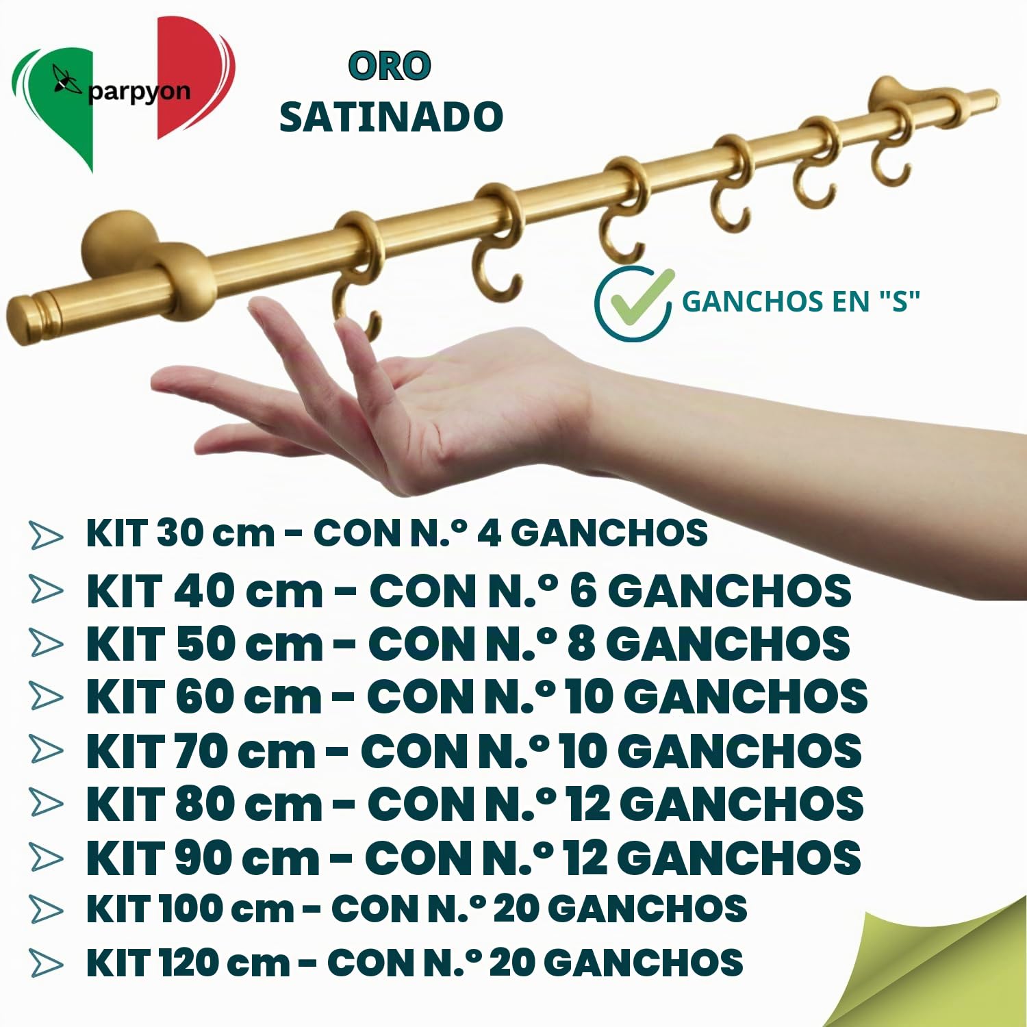 parpyon Soporte para utensilios de cocina con ganchos, barra para utensilios de cocina de aluminio para utensilios de cocina con tapa y cucharón (dorado satinado, 40 cm)