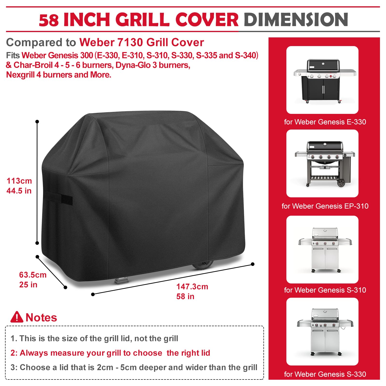 Copertura per griglia da 147,3 cm, per barbecue all'aperto, impermeabile, resistente alle intemperie, anti-UV, antipolvere, resistente allo sbiadimento, compatibile con griglie a gas Weber