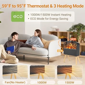 Electric Fireplace Heater, Ultra-Thin Electric Fireplace Stove with Realistic Flame & Solid Wood Stand, 17 Portable Space Heater for Small Space with 1-12H Timer, 59F to 95F, 1500W
