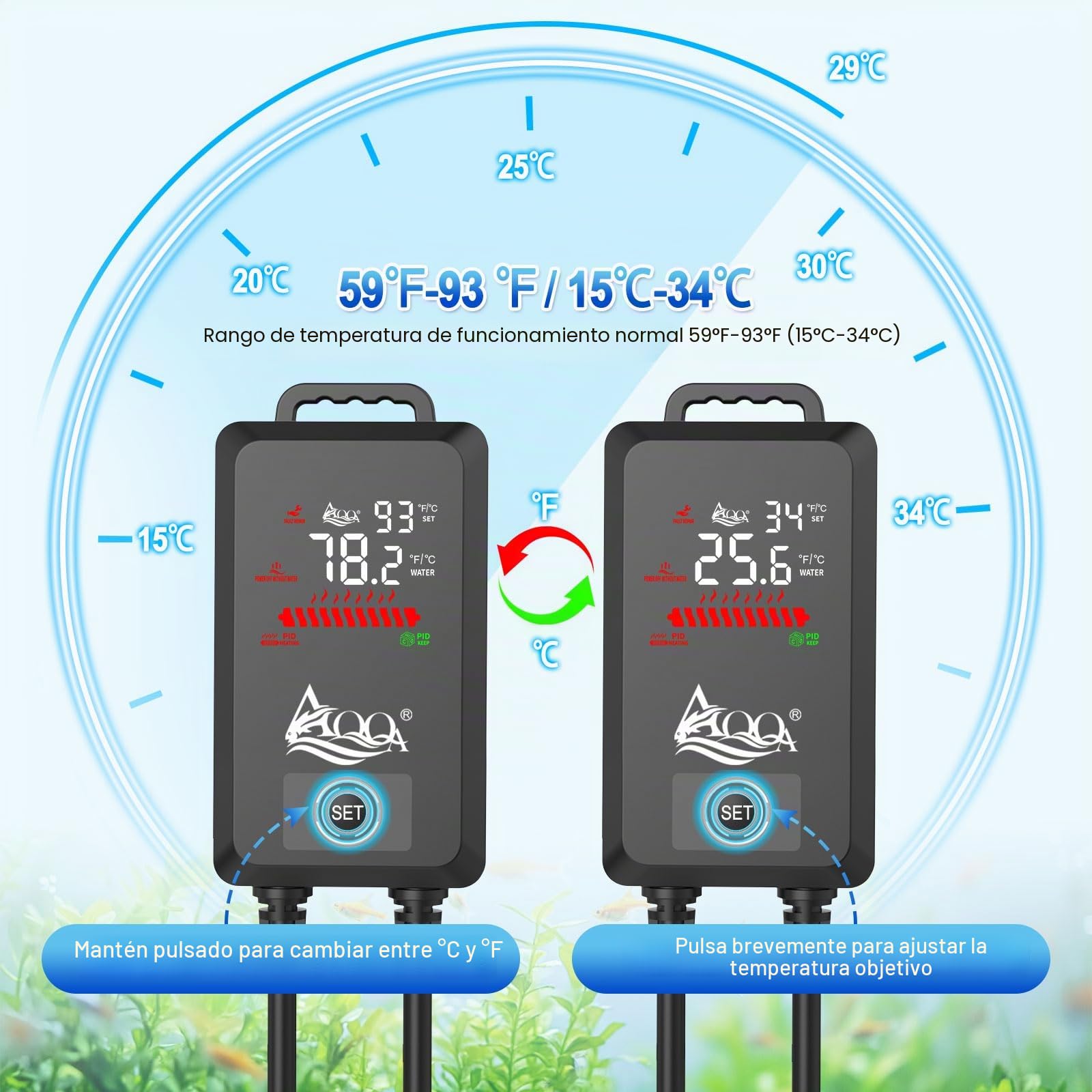 AQQA Calentador de acuario sumergible de 1000 W, con protección contra sobretemperatura y vidrio de cuarzo a prueba de explosiones, calentador de acuario sumergible con controlador de termostato LED,