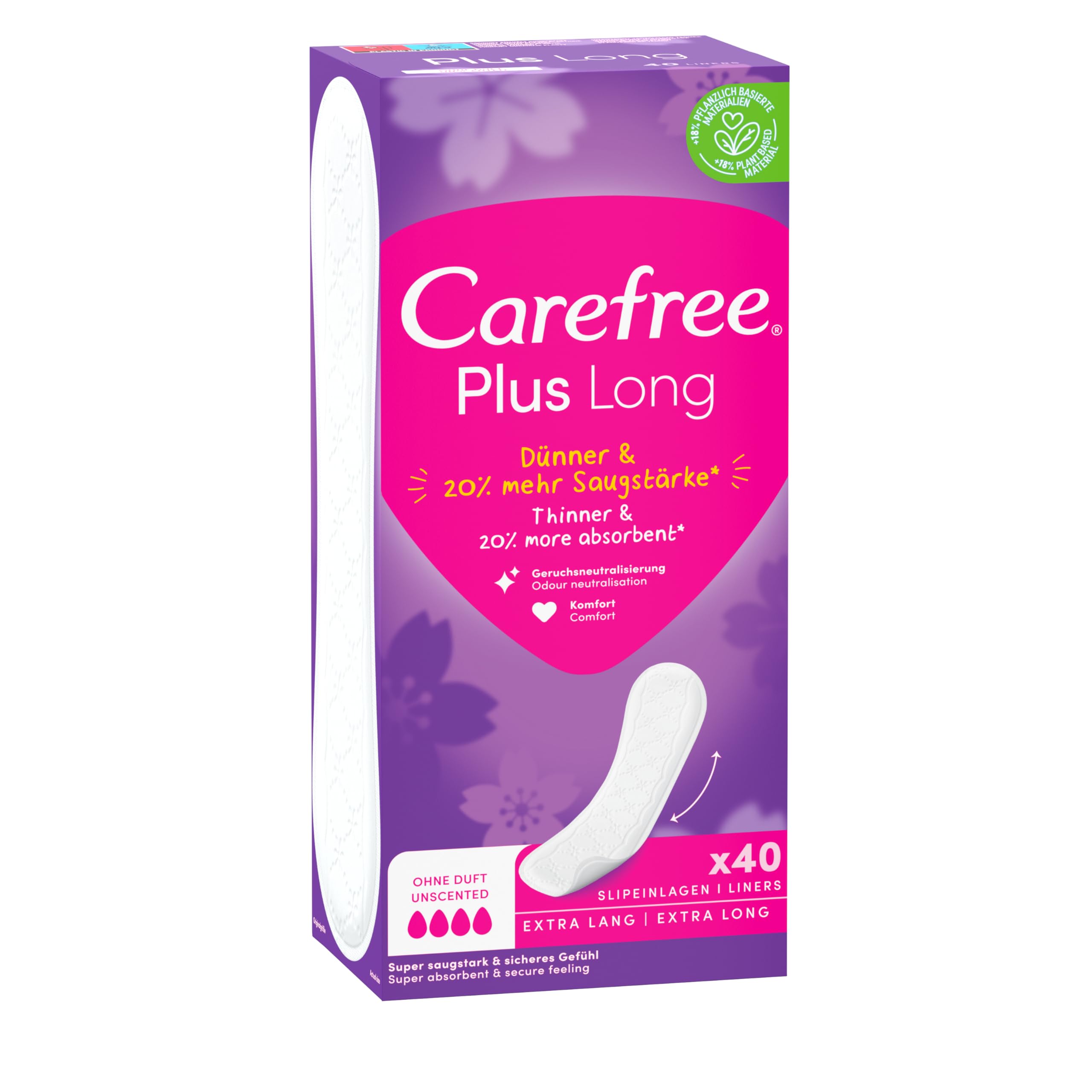 Carefree Plus Long Light Scent 40 szt. Wkładki higieniczne z wyjątkowo chłonnym wkładem, zapewniają długotrwałą ochronę przed wilgocią i nieprzyjemnym zapachem. Łagodne dla skóry.