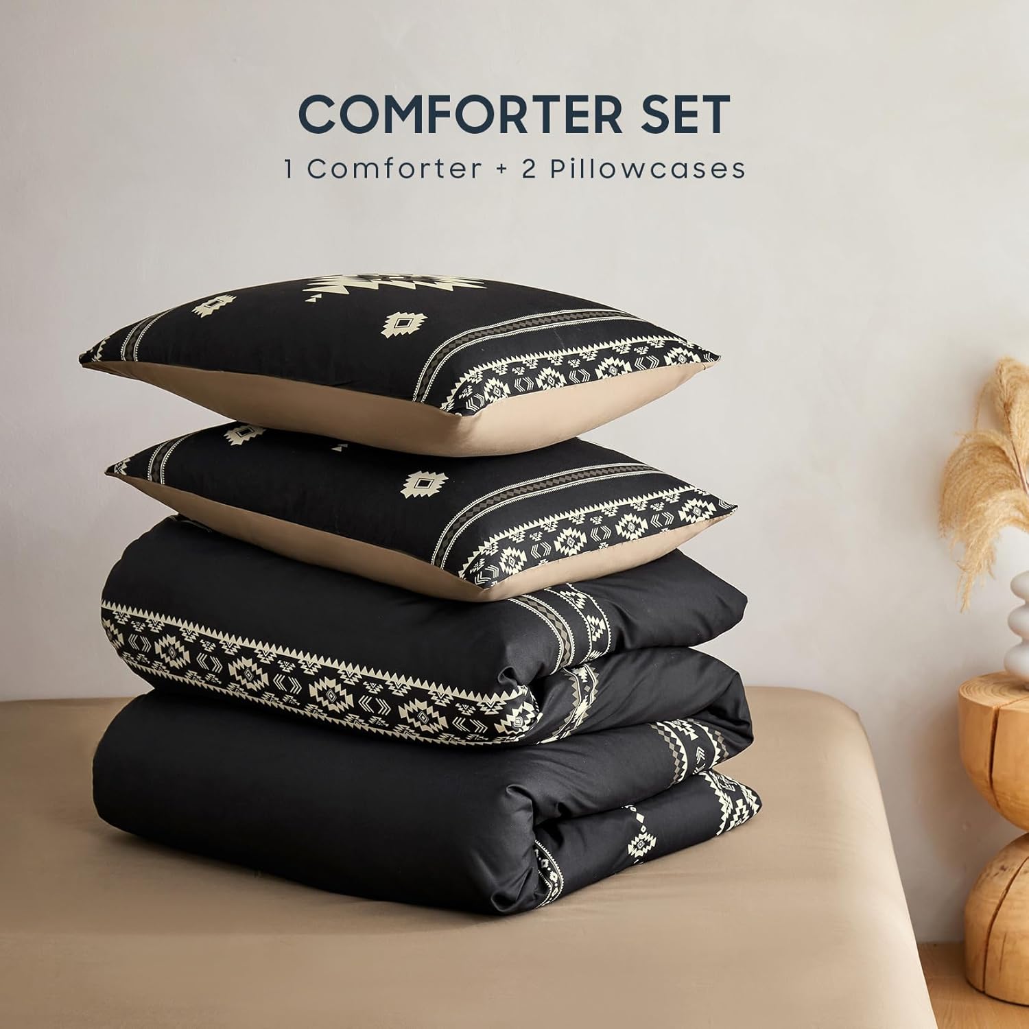 Wake In Cloud - Western Comforter Set, Boho Southwestern Farmhouse Style with Aztec Diamond Geometric Pattern, Soft Lightweight Bedding, 3 Pieces, Black Brown, Queen Size - Image 2