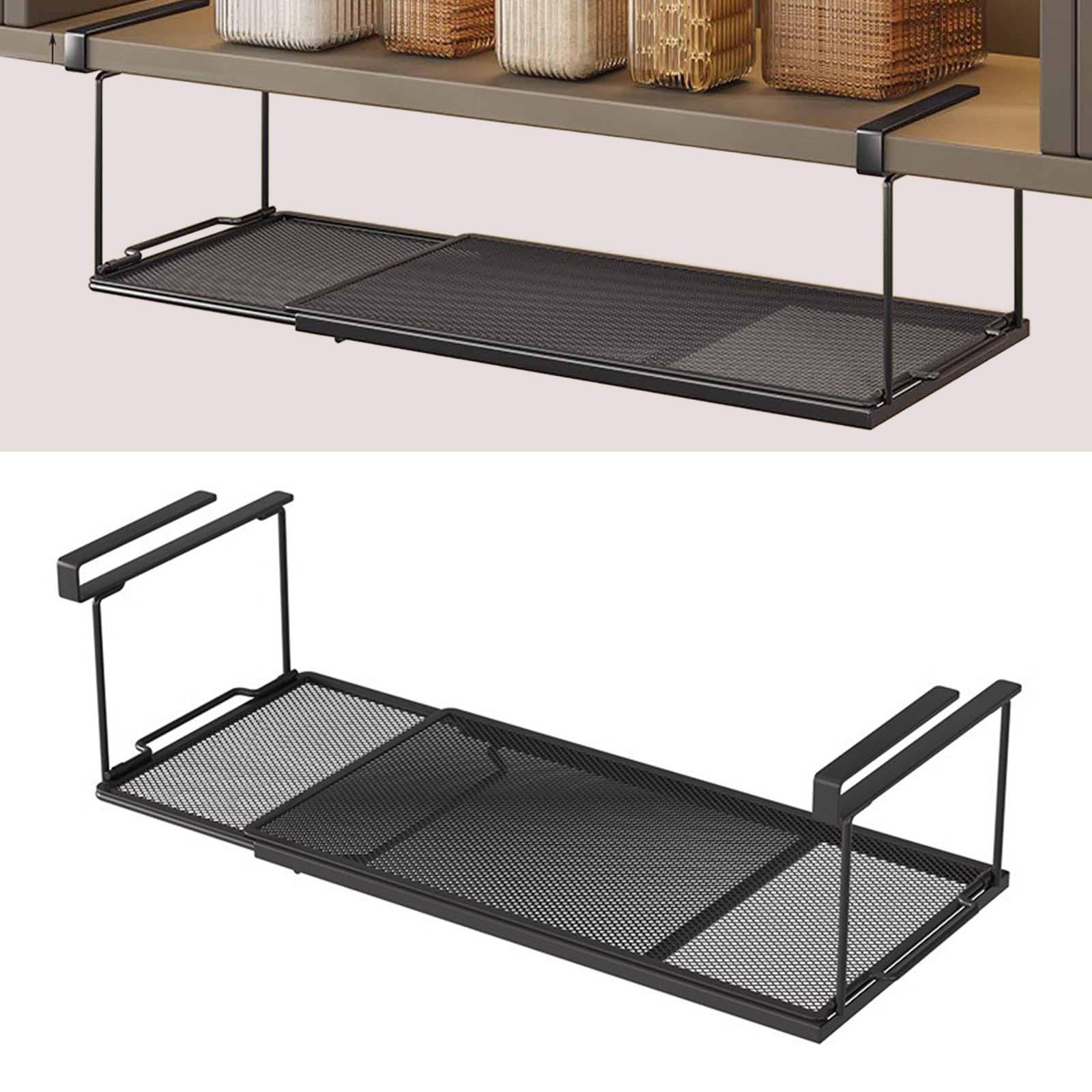 Cestino Portaoggetti Sottopensile Regolabile in Lunghezza, Design Traforato, Cestino Portaoggetti Sottopensile per Armadi, Bagno, Scrivania, Nero