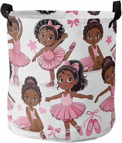 Cesta de lavandería africana negra para bailar ballet, impermeable, plegable, falda rosa, lazo de estrella, bolsa de almacenamiento grande para
