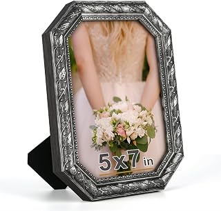 HLiWEGNS Octagon 5x7 Vintage Silver Picture Frame – Real Glass Front, Brushed Finish, Tabletop or Wall Display – Decorative Photo Frame Gift for Art or Memories