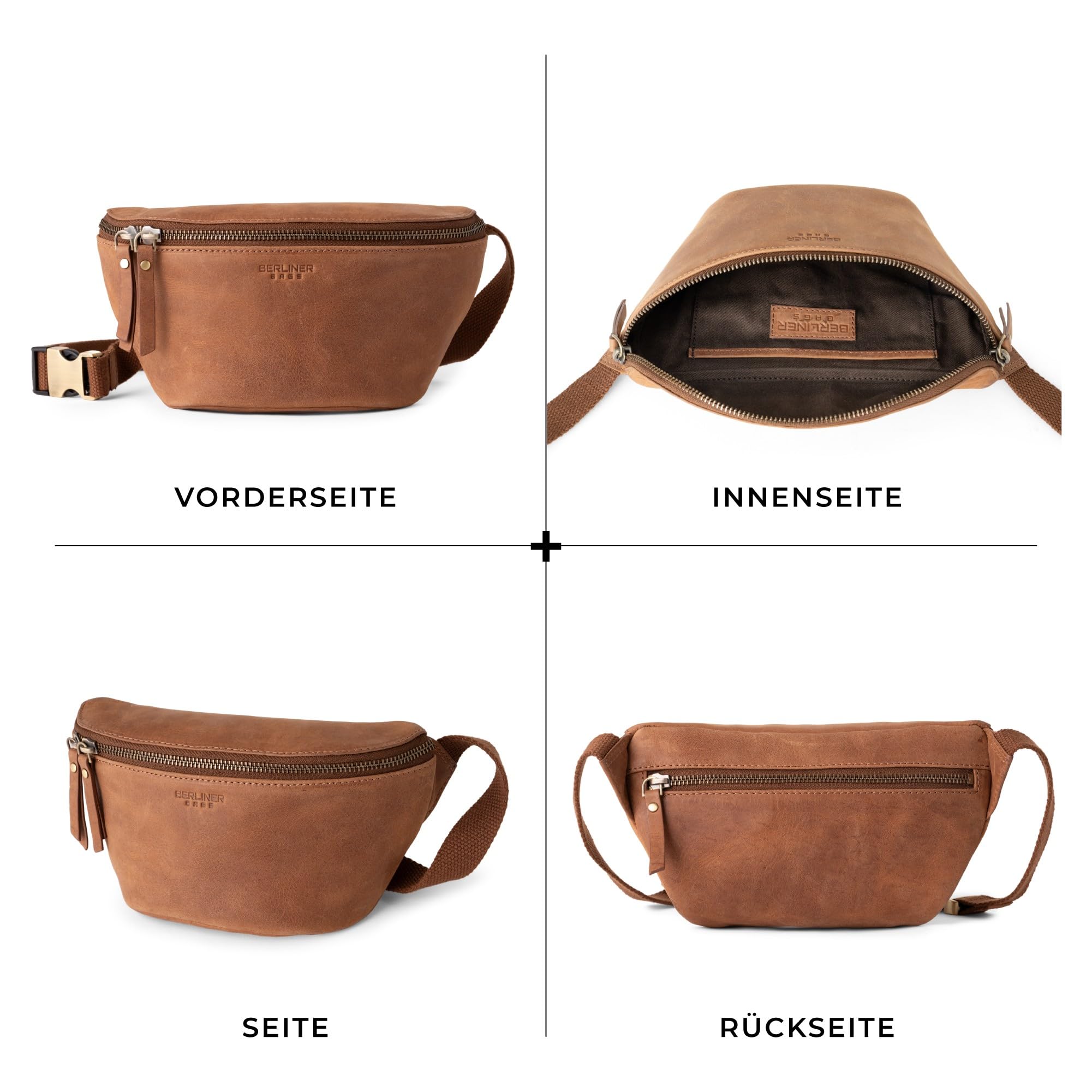 Berliner Bags Vintage Bauchtasche Noah, Umhängetasche aus Leder, Crossbody Tasche, Gürteltasche für Damen und Herren - Braun
