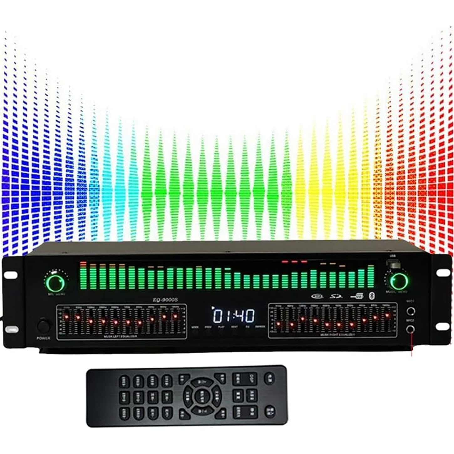 Korektor cyfrowy z analizatorem spektrum muzyki, wyświetlacz LED, Bluetooth 5.4, optyczny koncentryczny dekodowanie audio, 12 wzorów rytmicznych do nagrywania studyjnego