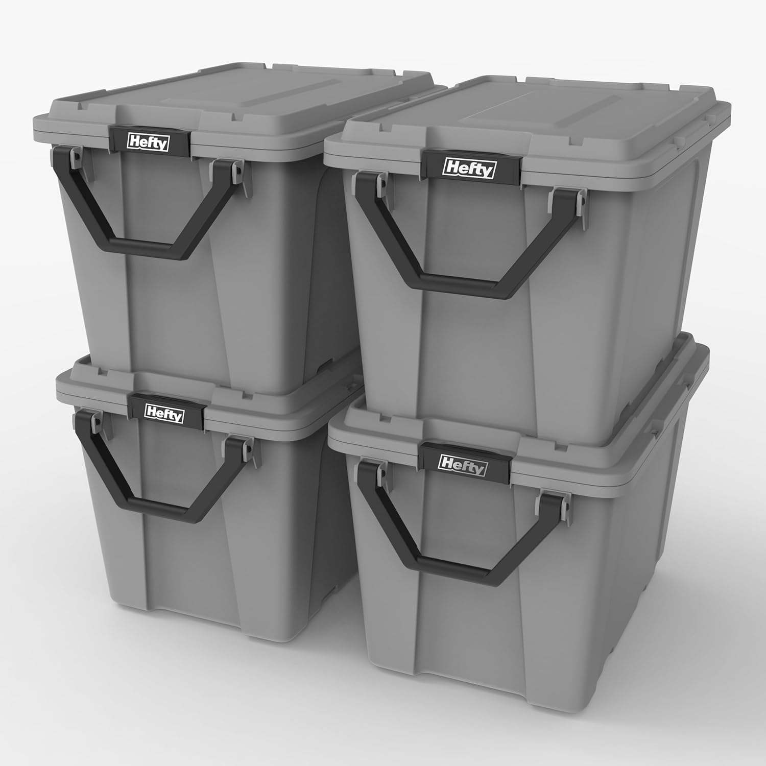 Hefty MAX Pro 28 Gal Wheeled Storage Containers with Lids, 4 Pack Heavy-Duty Plastic Rolling Totes with Secure Latch Handles, Stackable Utility Cartons for Garage, Moving, Storage, Basement & Outdoor