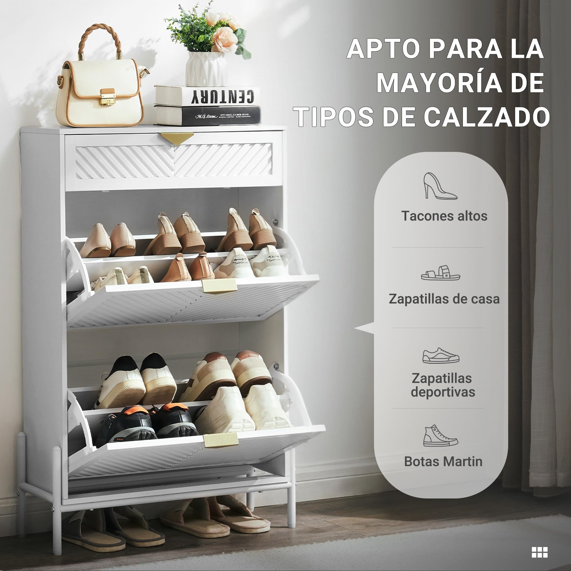 Armario Zapatero Estrecho 2 Cajones Abatibles Recibidor, Blanco | Veta madera inclinada, independiente, compartimentos ajustables, estante central extraíble, tiradores dorados, pasillo, hall