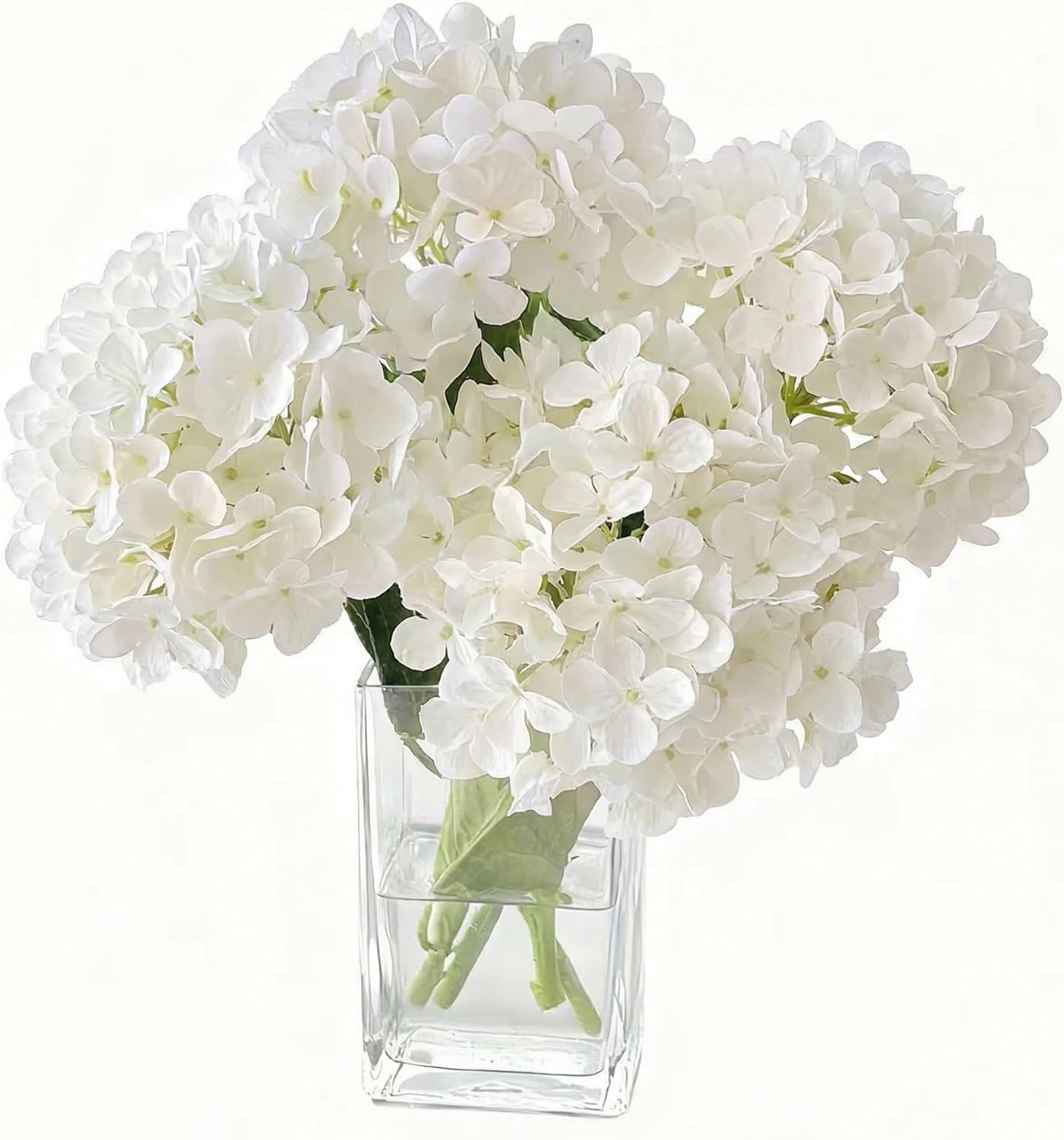 Hydrangea Artificial Flowers with Vase Real Touch Silk Faux Hydrangea Floral Arrangement in Glass Vase Fake Hydrangea Stems Plant Bouquet for Office Coffee Table Centerpieces Home Decor (white)