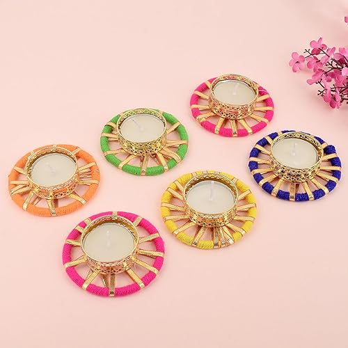 Miniatura 5 de SATVIK - 4 piezas redondas de chakras de metal Dia Festive Diwali Pooja Pujan Portavelas de té Lámpara de aceite para el hogar Mandir Oficina