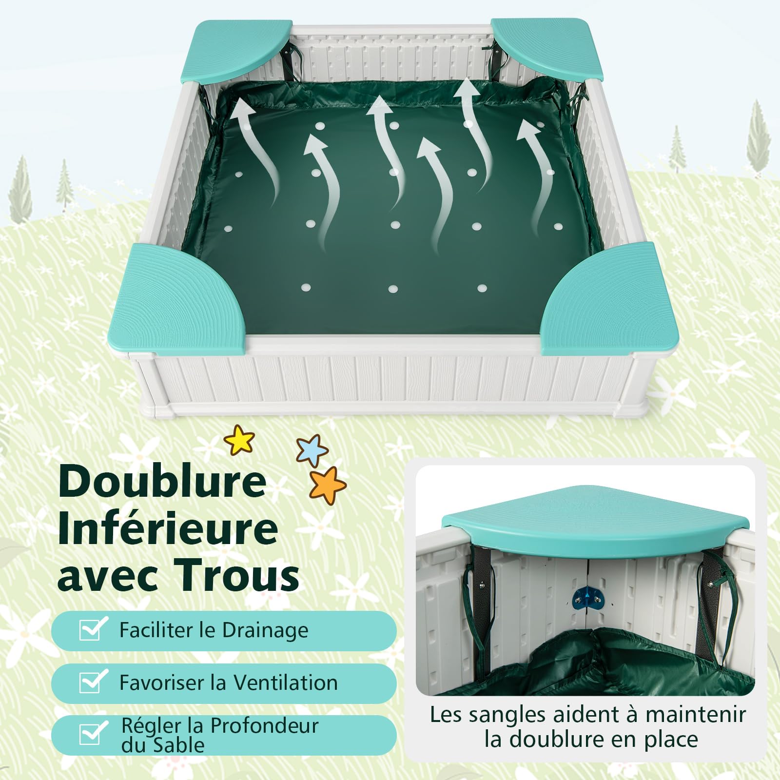 COSTWAY Bac à Sable Enfant Extérieur en HDPE avec 4 Bancs, Bac à Sable avec Couvercle en Tissu et Doublure, Charge 50kg de Chaque Banc, Jeux Extérieur pour Jardin Terrasse Cour, 3 Ans+ (Blanc)