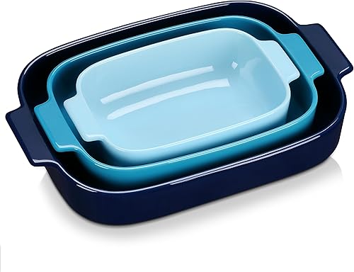 LOVECASA Juego de 3 cacerolas para horno, platos de cerámica para hornear, sartenes rectangulares para lasaña profundas con asas, moldes para