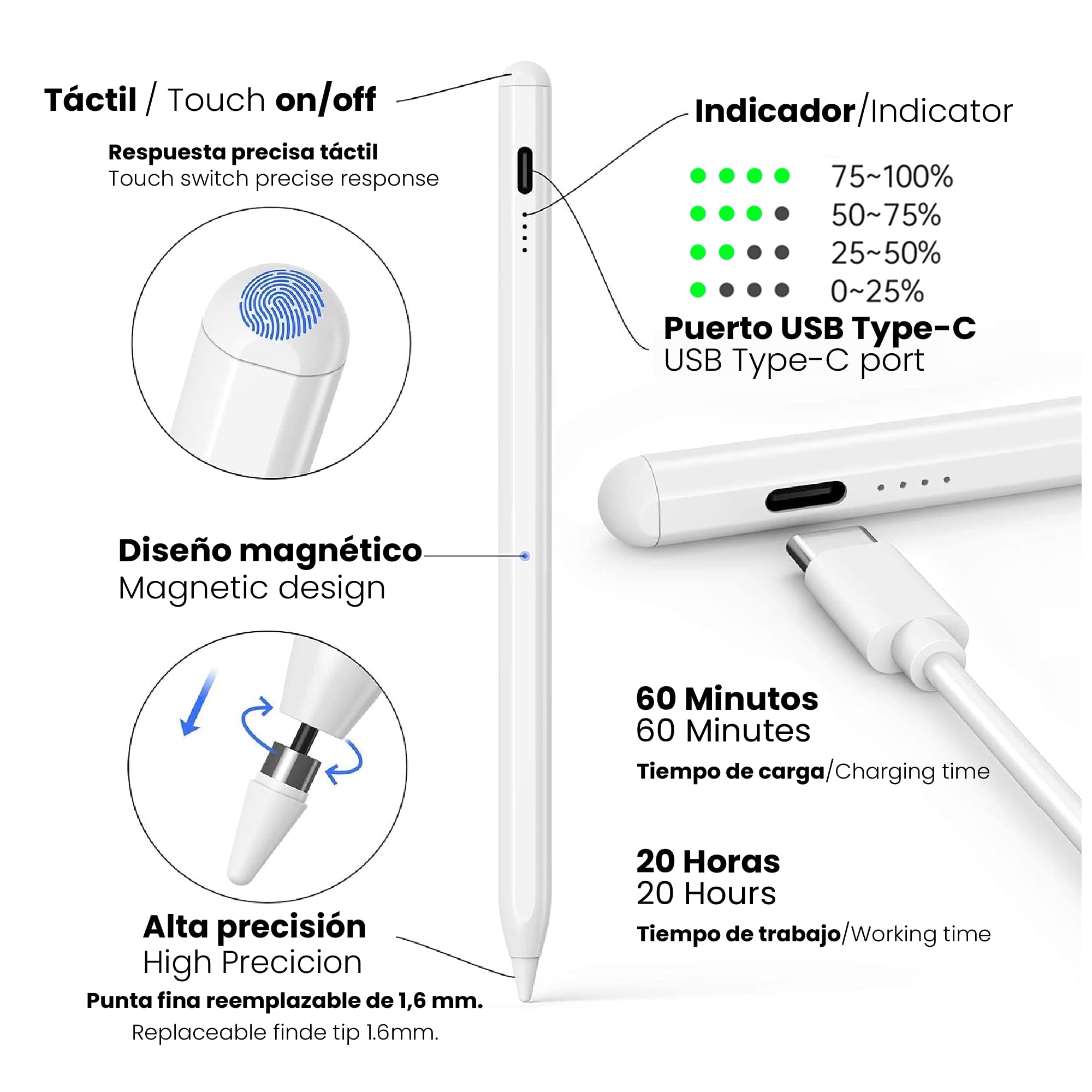 4-Ok Penna per Tablet, Stylus Pencil Compatibile con iPad 10/9/8/7/6, iPad Pro 11"/12.9", Air 3/4/5, Mini 5/6. Penna grafica con rilevazione, inclinazione, rifiuto di palmo e adsorbimento magnetico