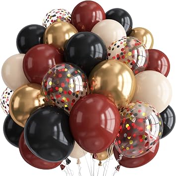 Black Burgundy and Gold Fall Balloons, 12inch Retro Dark Maroon Beige Gold and Black Confetti Latex Hallween Balloons Kit for Thanksgiving Wedding Anniversary Birthday Party Decorations