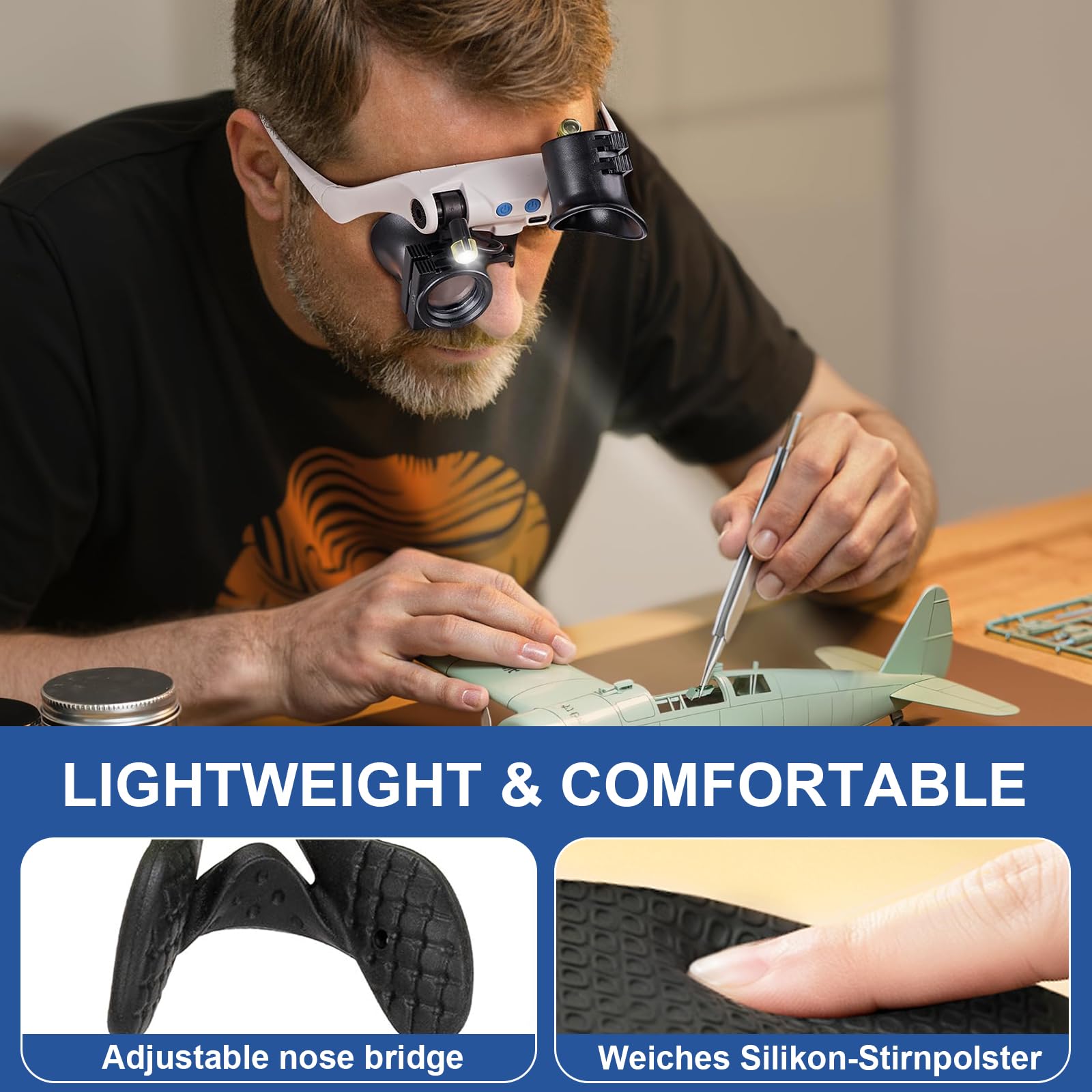 Loupe Frontale avec Lumière,7 Paires de Lentilles Interchangeables (3X-15X) pour Bijoutiers Réparation Montres - Lunettes Loupe LED Rechargeables pour Travail de Précision, Artisanat