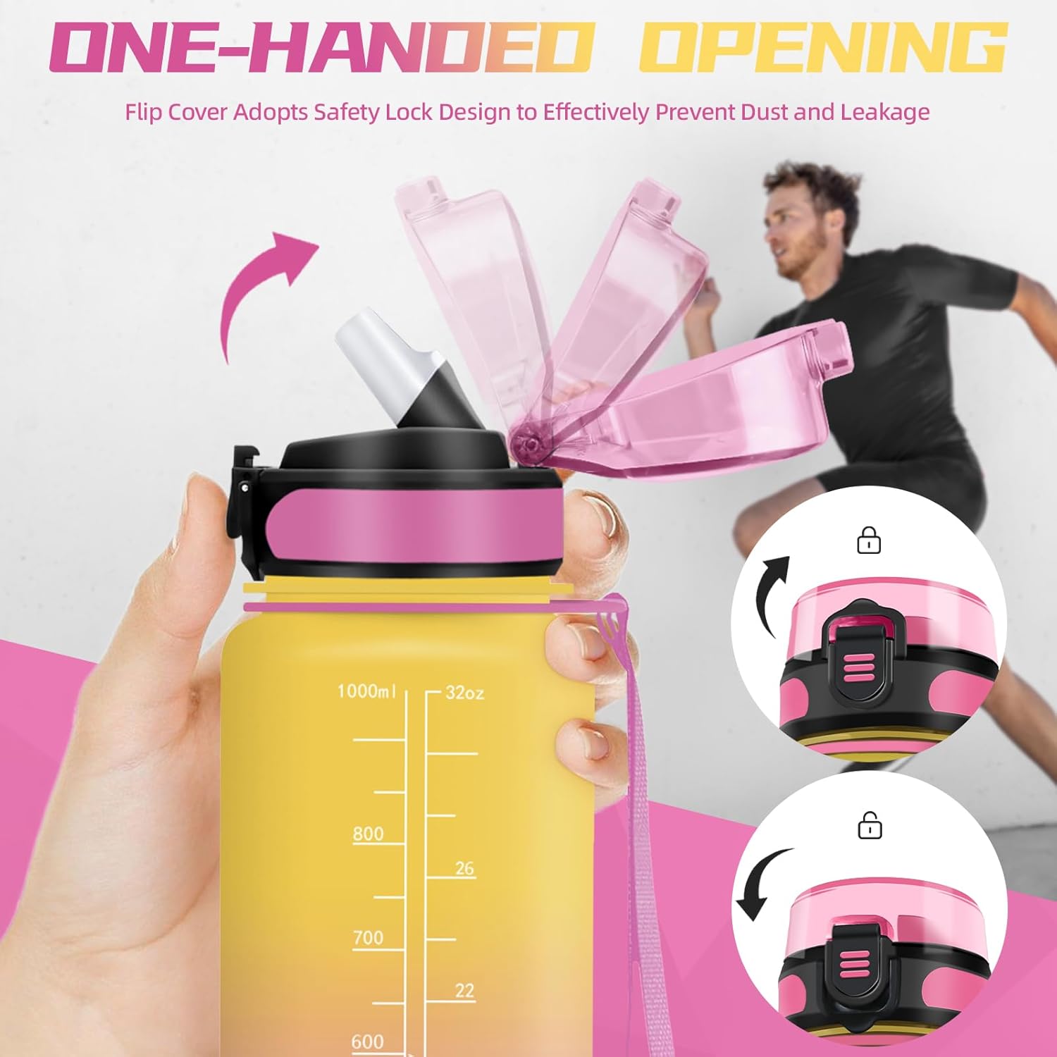 Grsta Drinking Bottle 1 Litre, Bottle with Straw, Sports Water Bottle for Adults, Leak-Proof Drinking Bottle, Can Be Carried, Water Bottle with Time Marking, for Camping, Hiking, Fitness, Yellow/Pink