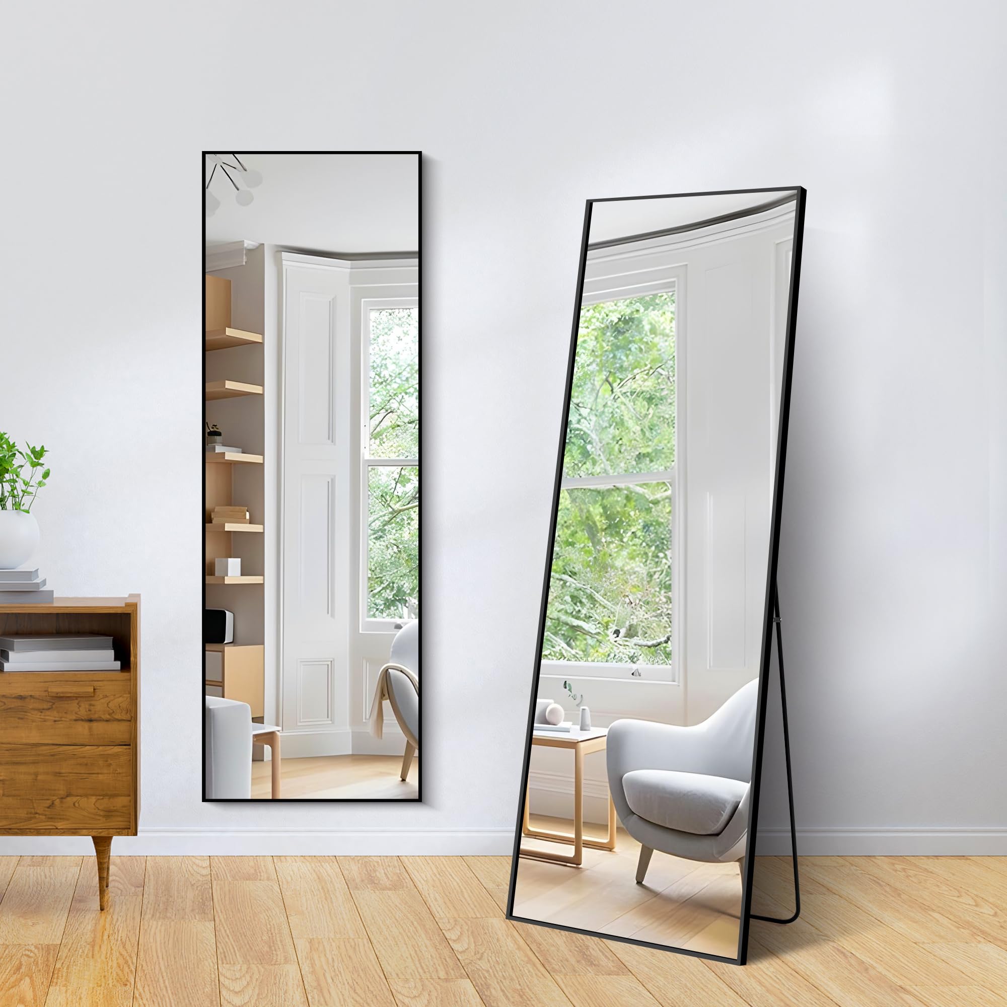 WOLIBEER Espejo de Cuerpo Entero 147 x 44 cm, Espejo Rectángulo de Cuerpo Entero con Marco de Aluminio Negro, Espejo de Pared, Espejo de pie para Dormitorio, Vestidor, Gimnasio, Pasillo, decoración