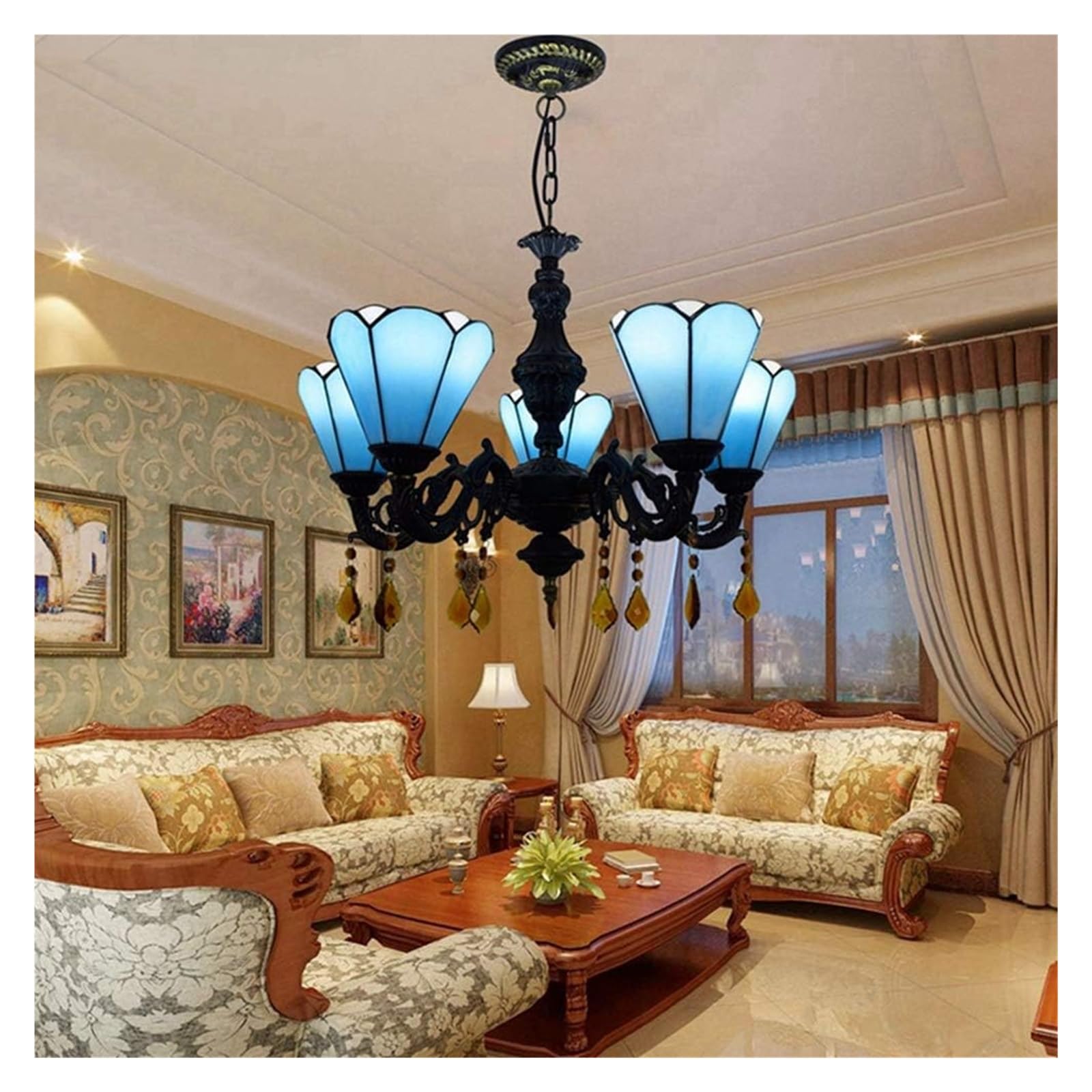 Lampa sufitowa, lampa wisząca, 24" Tiffany, 5-głowicowy żyrandol, lampa wisząca w stylu retro, śródziemnomorski niebieski, witraż