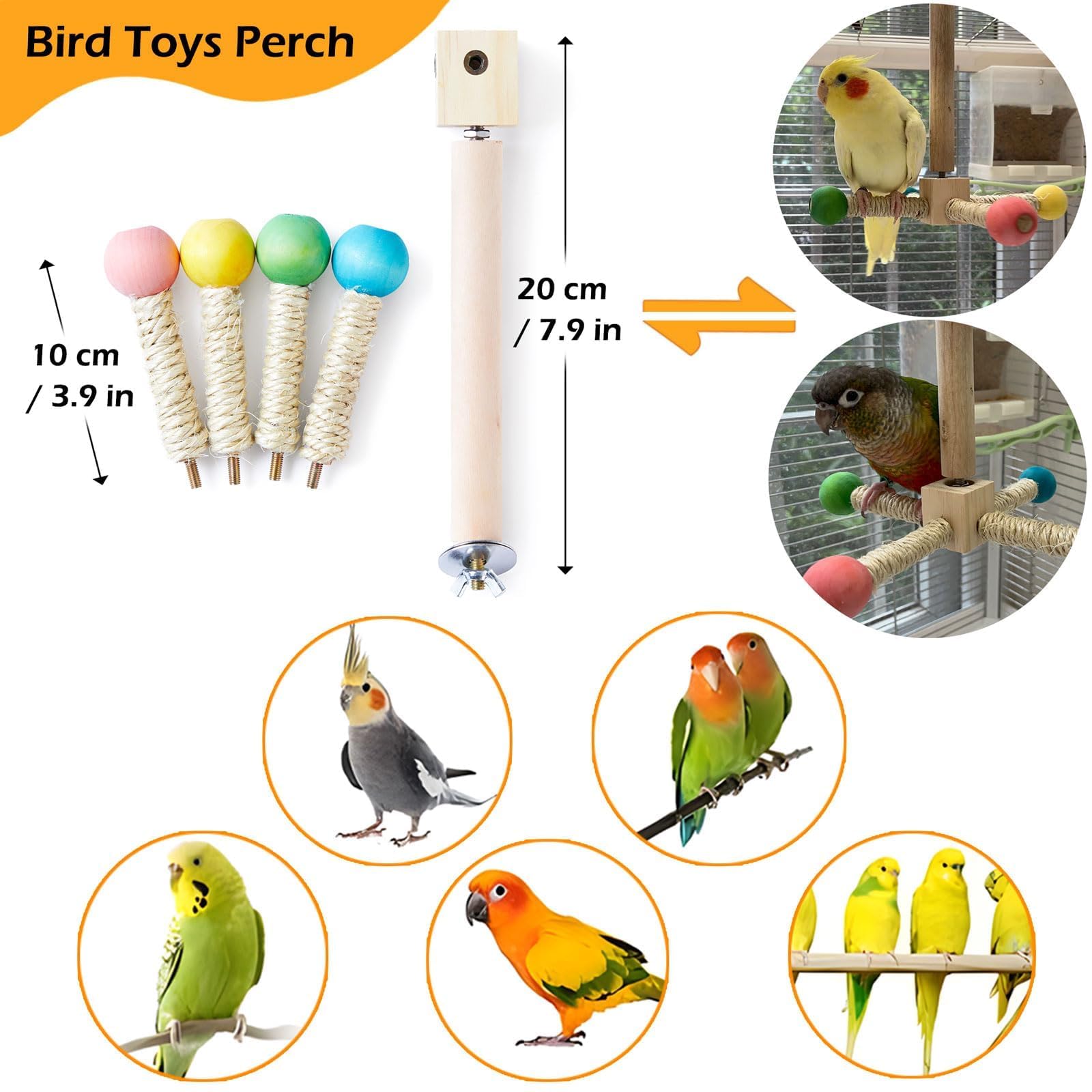 Bird Stand Perch Toy, Interactive Spinning Parakeet Toys, Wooden Exercise Wheel Parrot Toy, Enrichment Cockatiel Toy for Birds Cage, Bird Cage Accessories Perch Toys for Budgies (S) - image 5