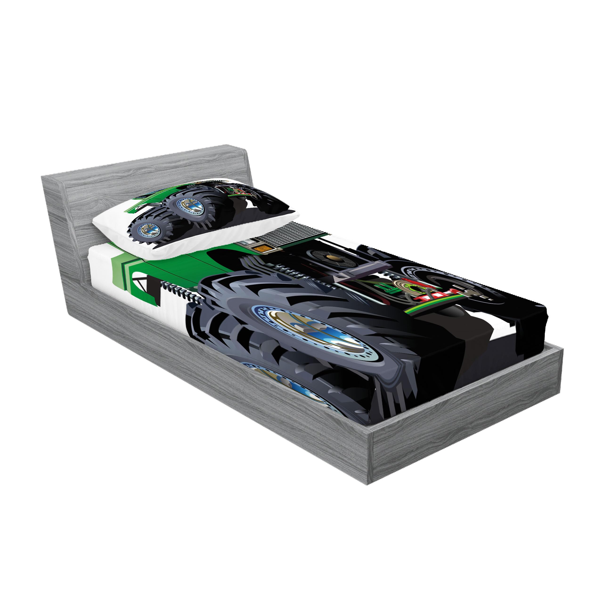 Ambesonne Cars Fitted Sheet & Pillow Sham Set, Giant Monster Pickup Truck Large Tires and Suspension Extreme Biggest Wheel Print, Decorative Printed 2 Piece Bedding Decor Set, Twinxl, Green Grey