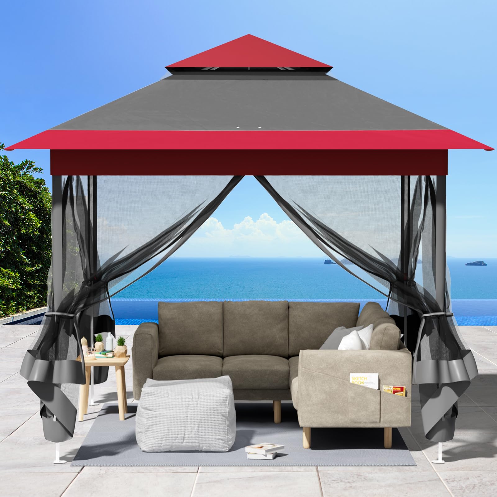 Gazebo pieghevole 3,3x3,3 m, con 4 pannelli laterali in zanzariera, One Push tenda con doppio tetto, Gazebo impermeabile da giardino 4 PCS sacchi di sabbia, per mercato/campeggio, Rosso Grigio