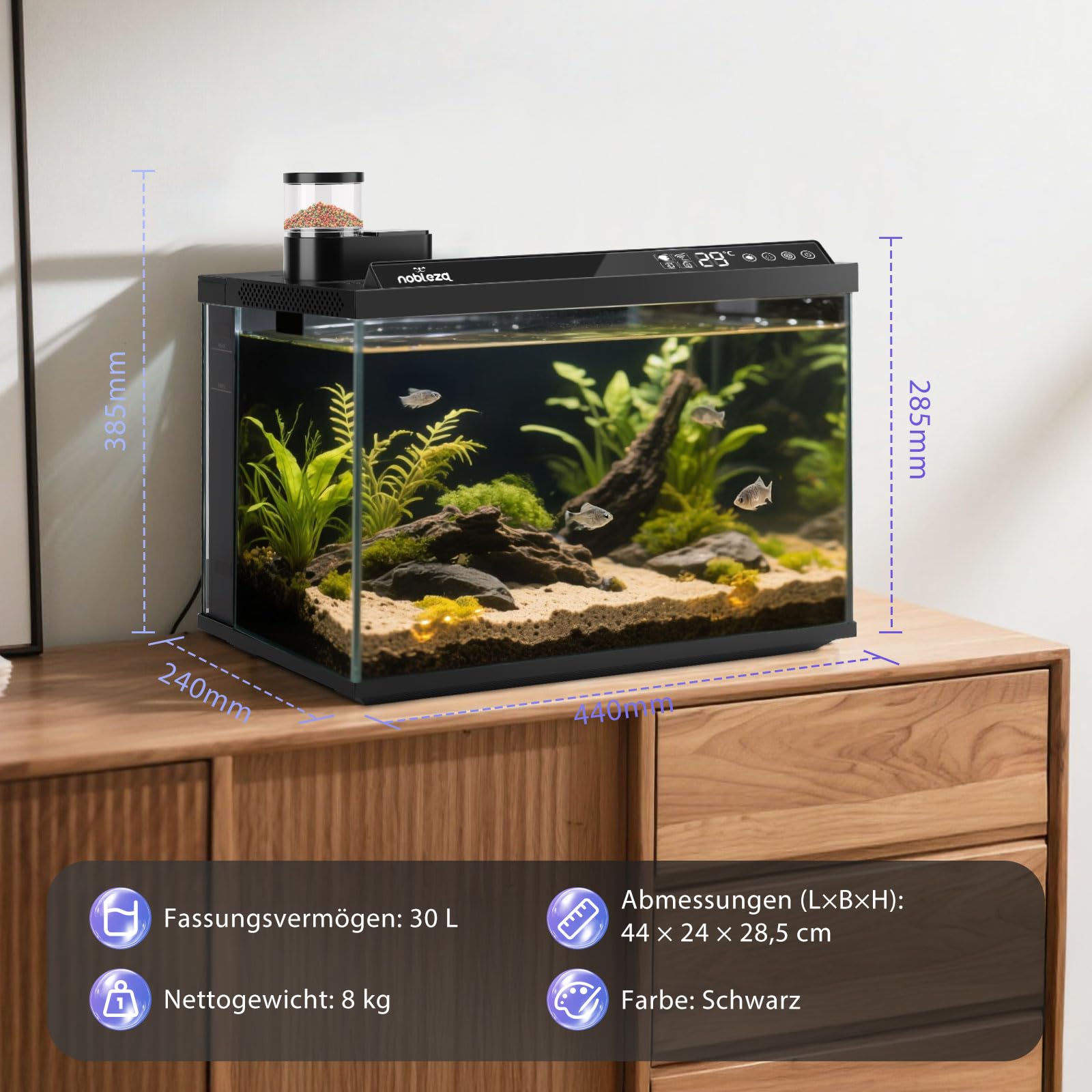 Nobleza Smart Aquarium 30L, WiFi Aquarium Set Komplett mit App-Steuerung, EIN-klick-Wasserwechsel, Automatischer Fütterer, Ultra-Weiß-Glas Nano Aquarium für Anfänger & Büro, 44x24x28.5cm |